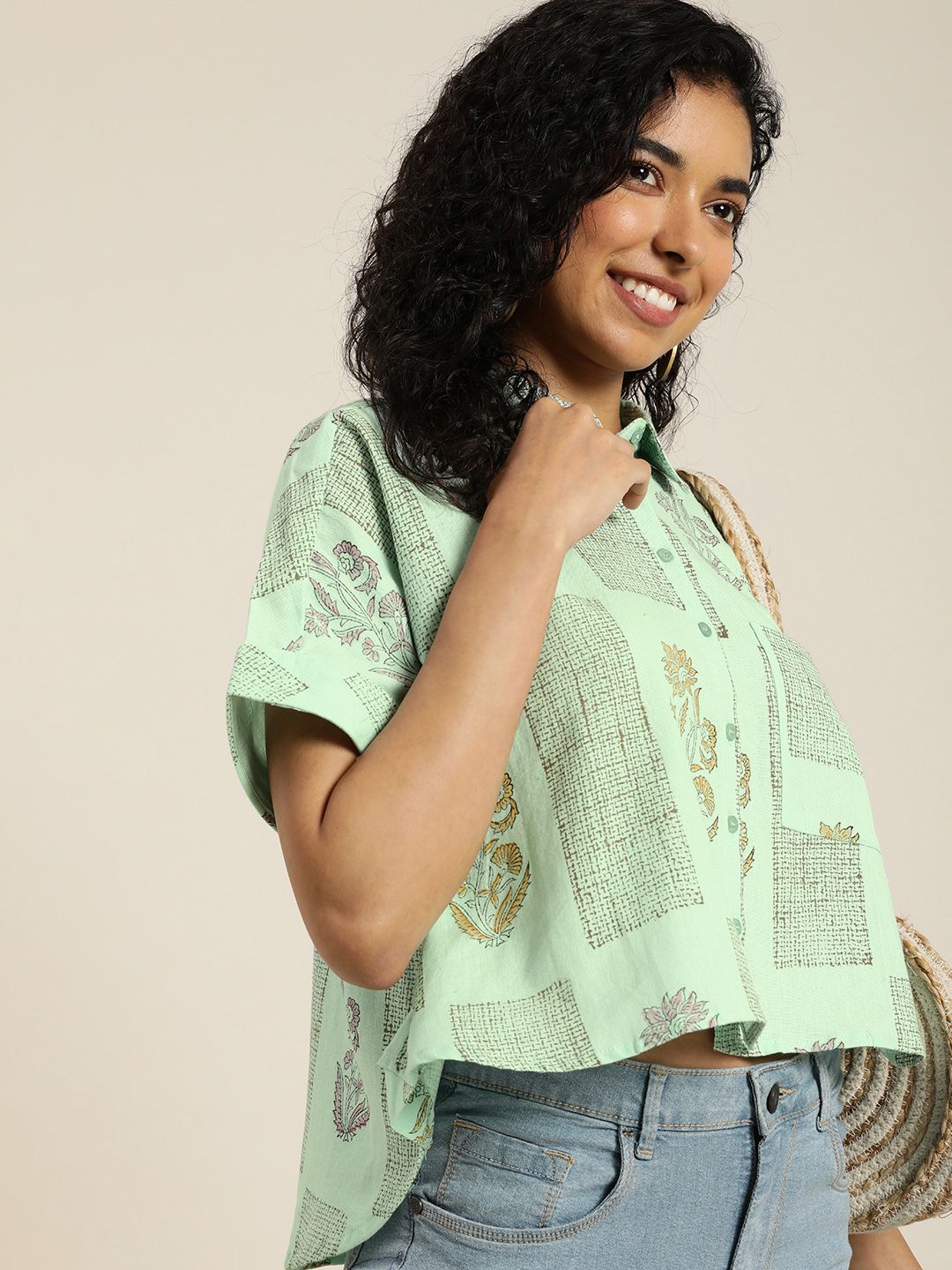 Taavi  Sanganeri Floral Print Extended Sleeves Cotton Linen Shirt Style Crop Top Price in India