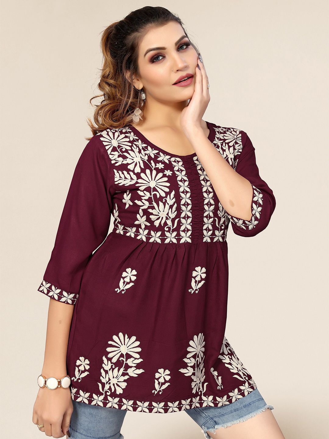 Winza Designer Women Maroon Floral Embroidered Top Price in India