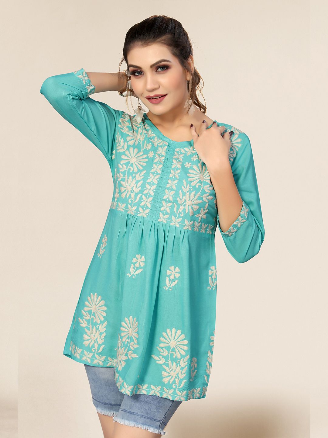 Winza Designer Turquoise Blue Floral Print Top Price in India