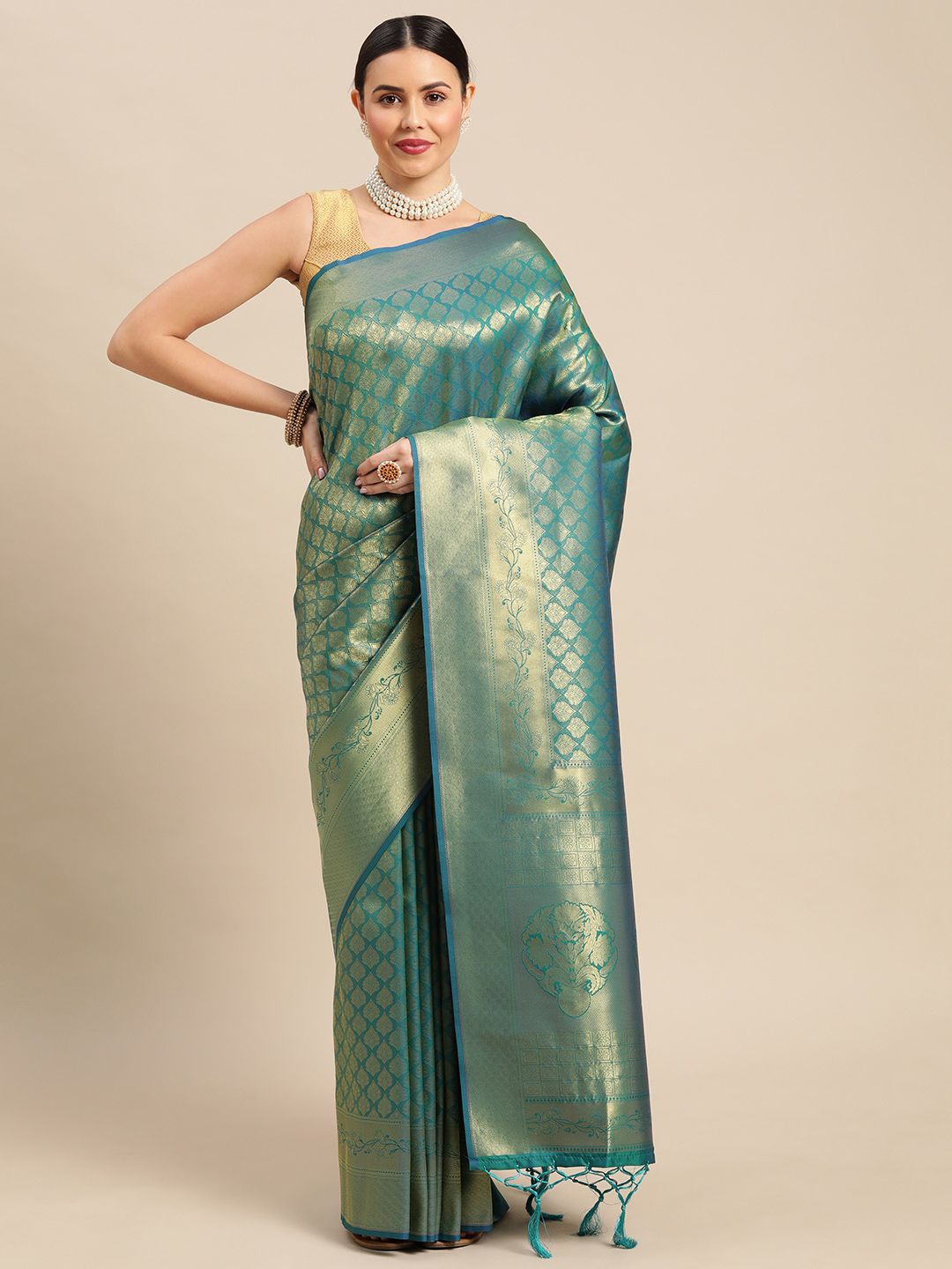 KAITHY CREATION Green & Gold-Toned Woven Design Zari Pure Silk Saree Price in India