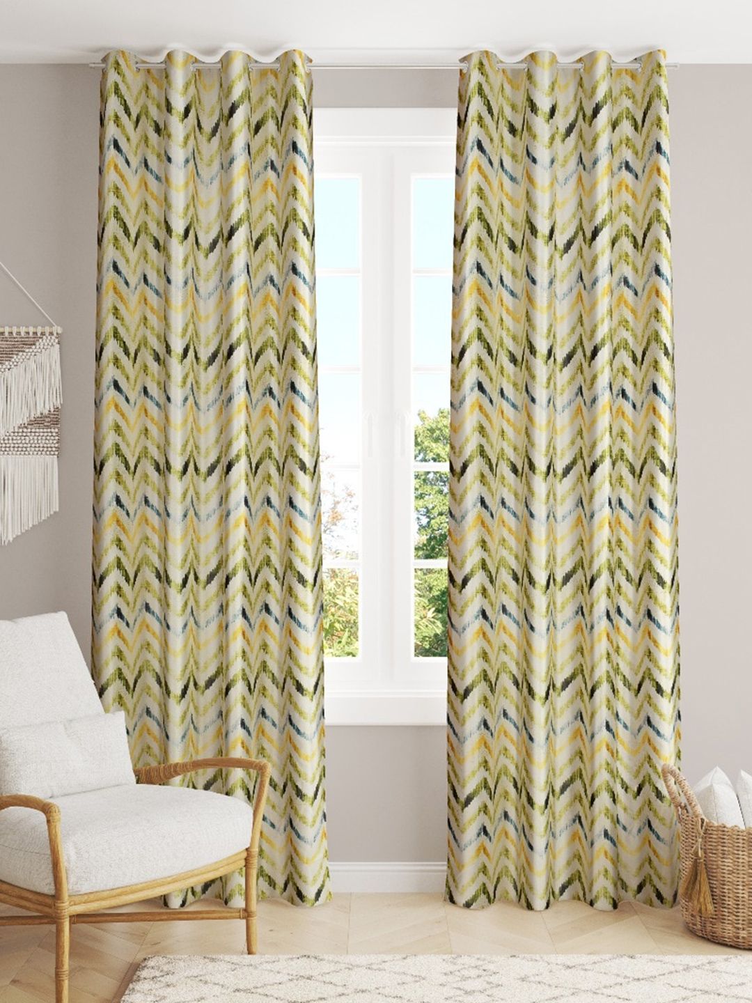 Slushy Mushy Yellow & Blue Set of 2 Geometric Printed Door Curtain Price in India