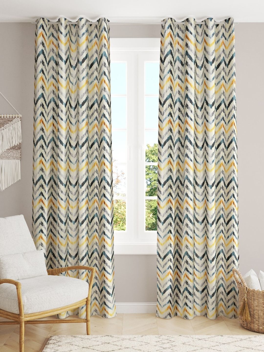 Slushy Mushy Navy Blue & Yellow Set of 2 Geometric Door Curtain Price in India