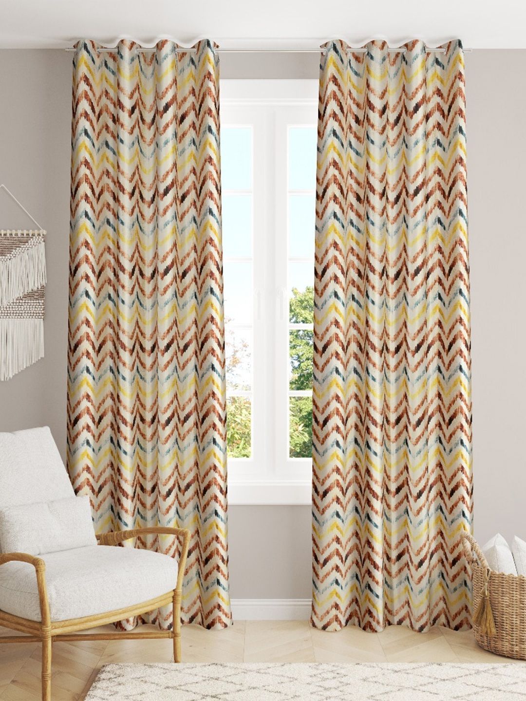 Slushy Mushy Brown & Yellow Set of 2 Geometric Long Door Curtain Price in India