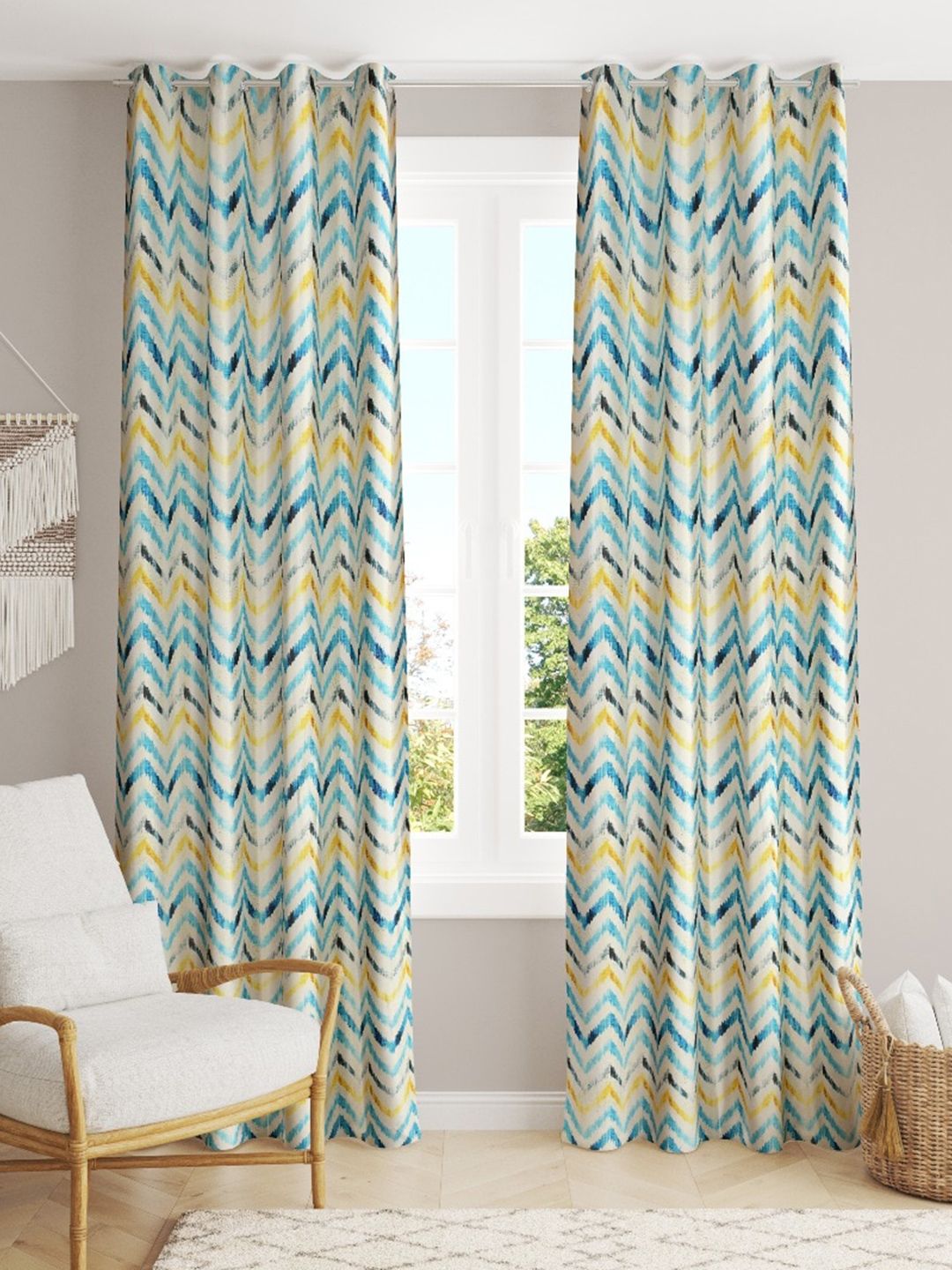 Slushy Mushy Blue & White Set of 2 Geometric Door Curtain Price in India