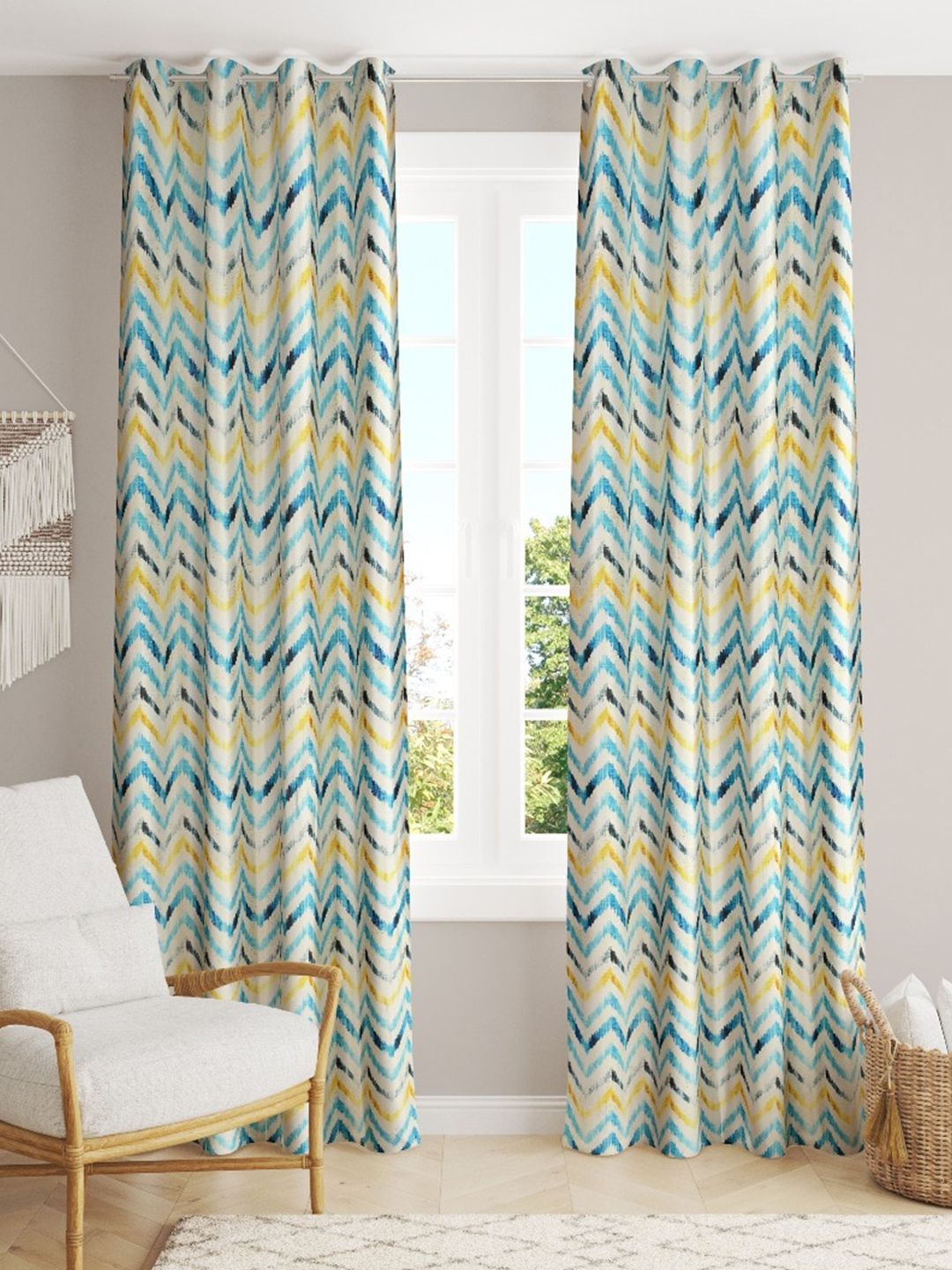 Slushy Mushy Blue & Yellow Set of 2 Geometric Long Door Curtain Price in India