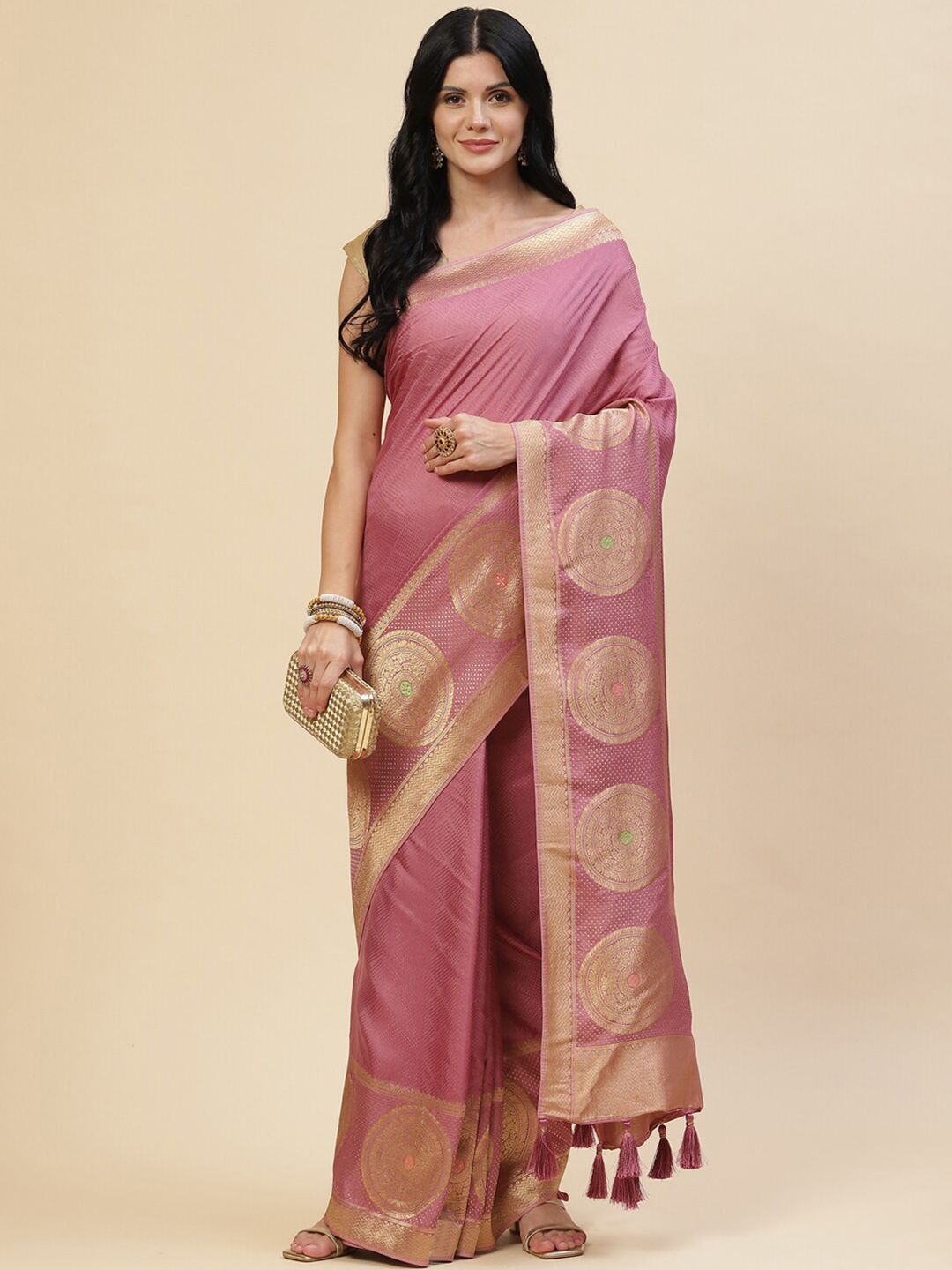 Meena Bazaar Mauve & Gold-Toned Embellished Zari Silk Blend Saree Price in India