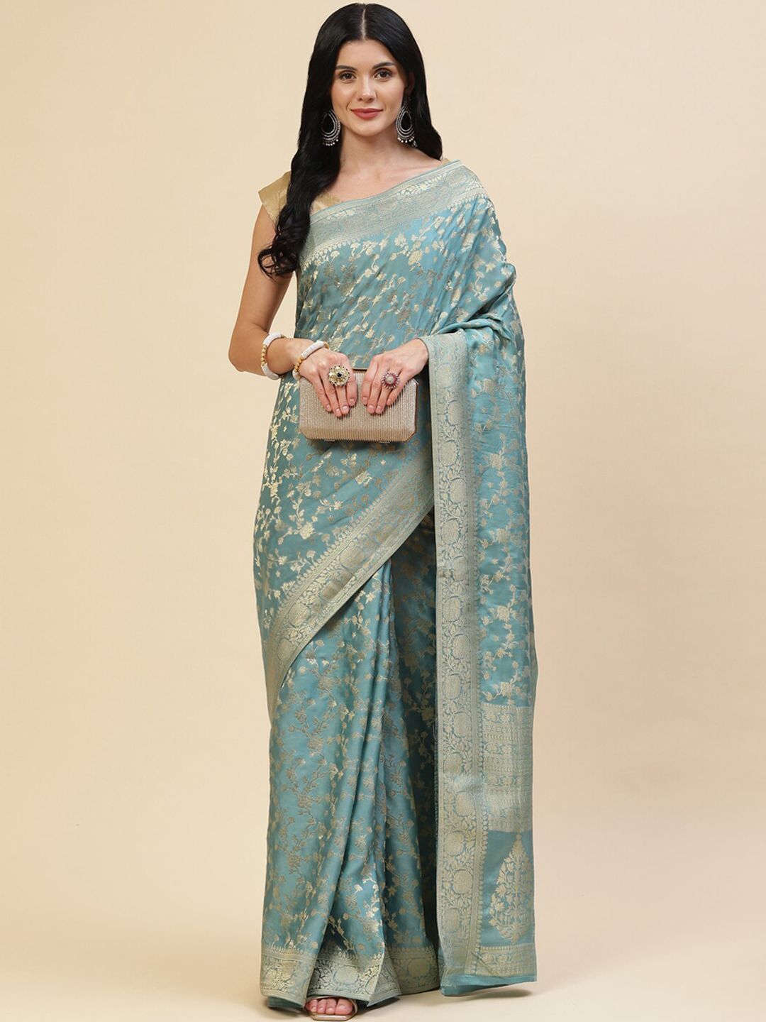 Meena Bazaar Women Blue & Gold-Toned Floral Zari Satin Saree Price in India