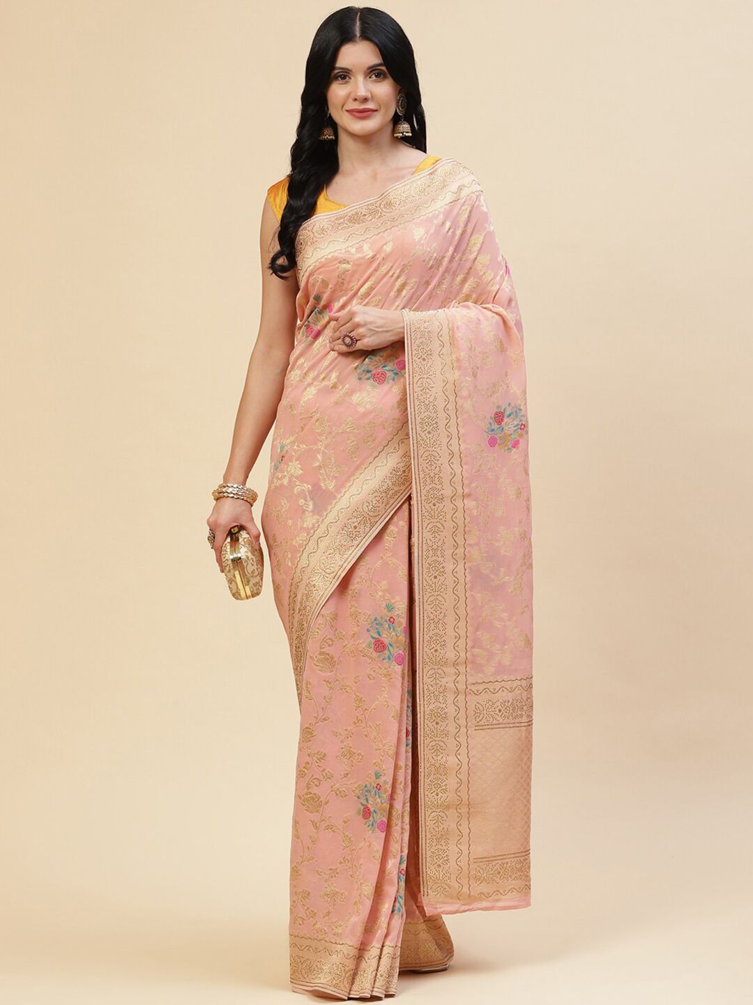 Meena Bazaar Women Peach-Coloured & Gold-Toned Floral Zari Saree Price in India