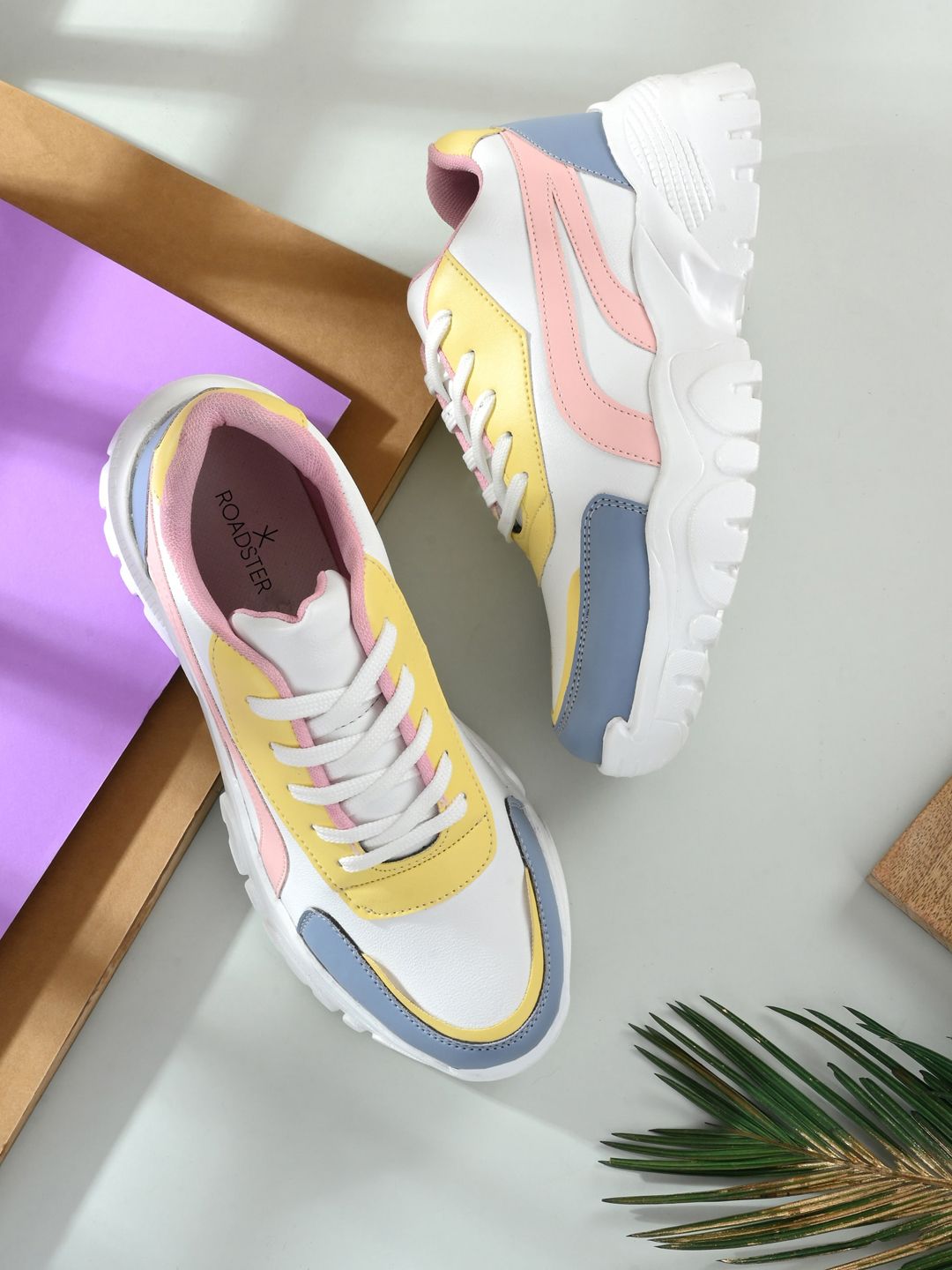 Roadster Women White and Yellow Colourblocked Synthetic Leather Sneakers