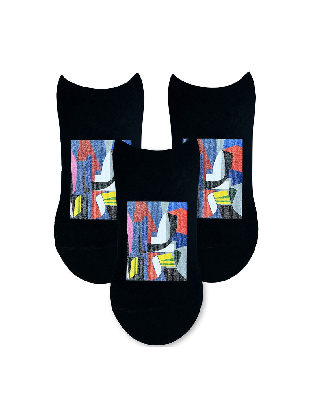 TOFFCRAFT Men Pack of 3 Black Patterned Cotton Ankle-Length Socks