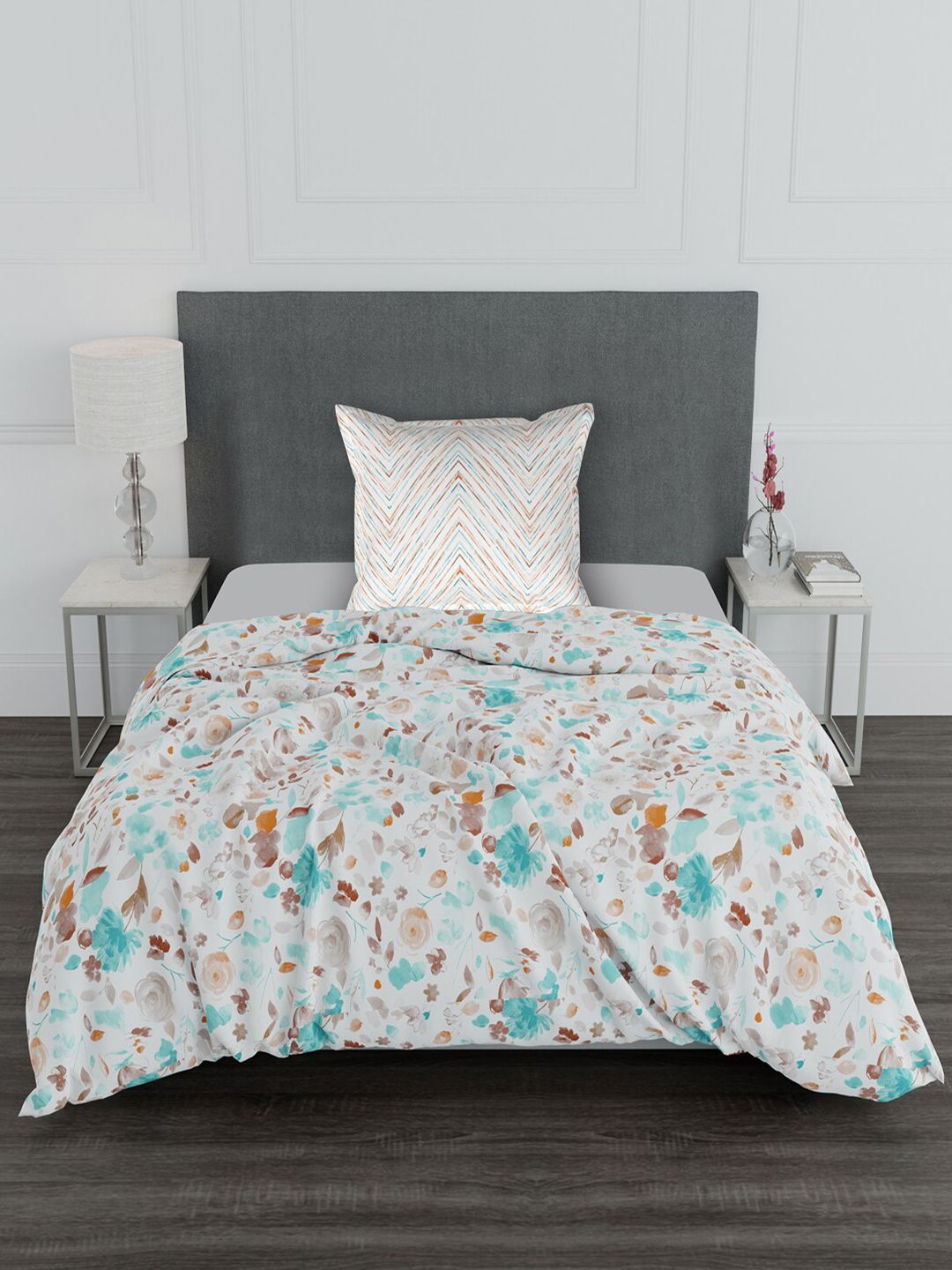Trident Off White & Teal Floral 100% Cotton 144 TC Single Bedsheet with 1 Pillow Covers Price in India