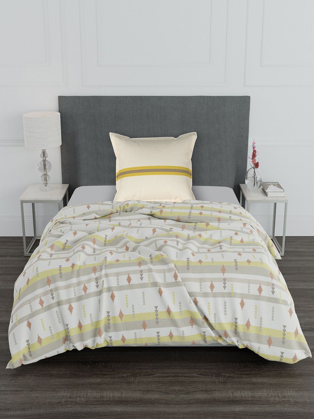 Trident Yellow & Grey Striped 100% Cotton 144 TC Single Bedsheet with 1 Pillow Covers Price in India