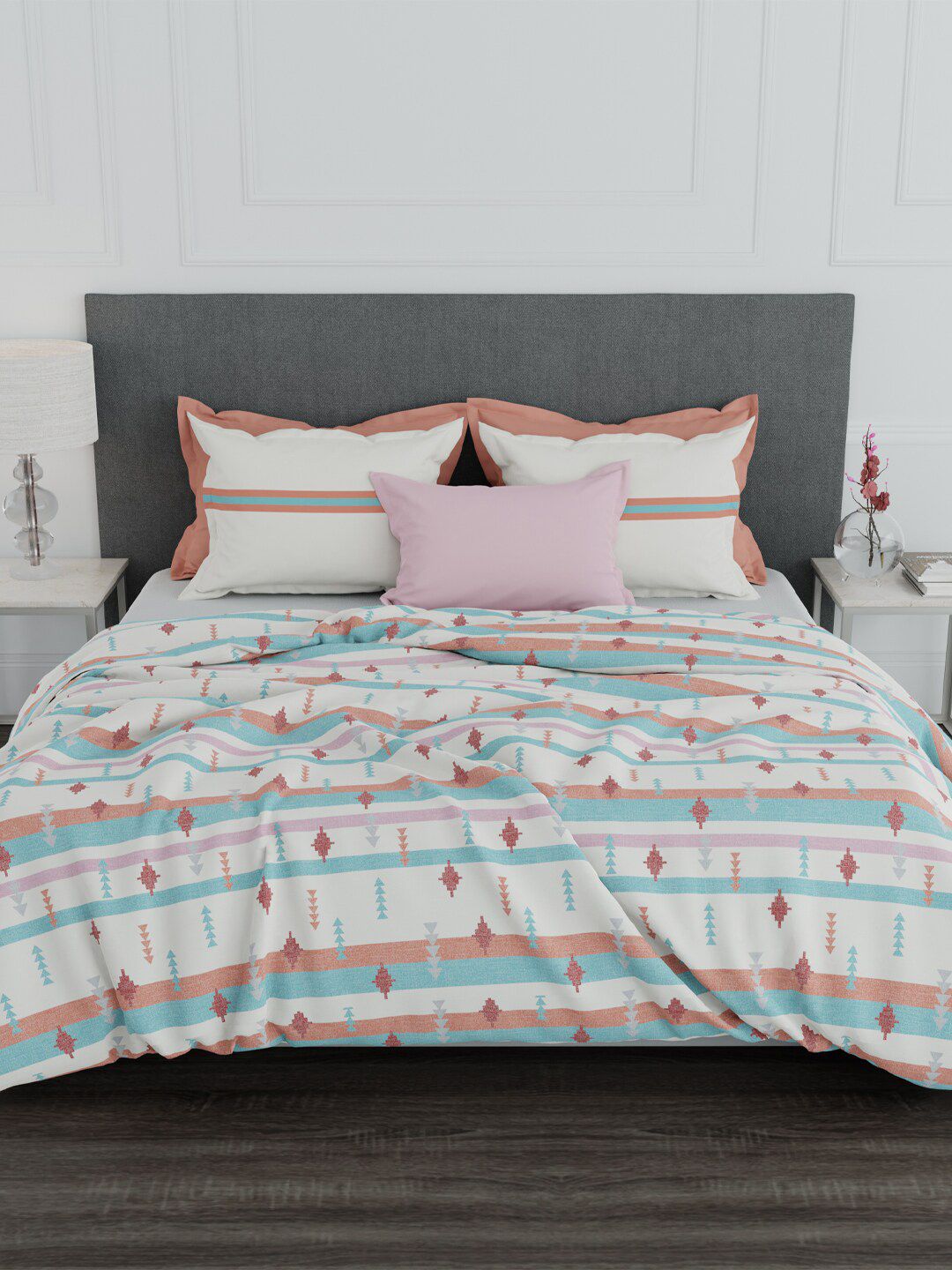 Trident Cream-Coloured & Pink Striped 100% Cotton 144 TC King Bedsheet with 2 Pillow Cover Price in India