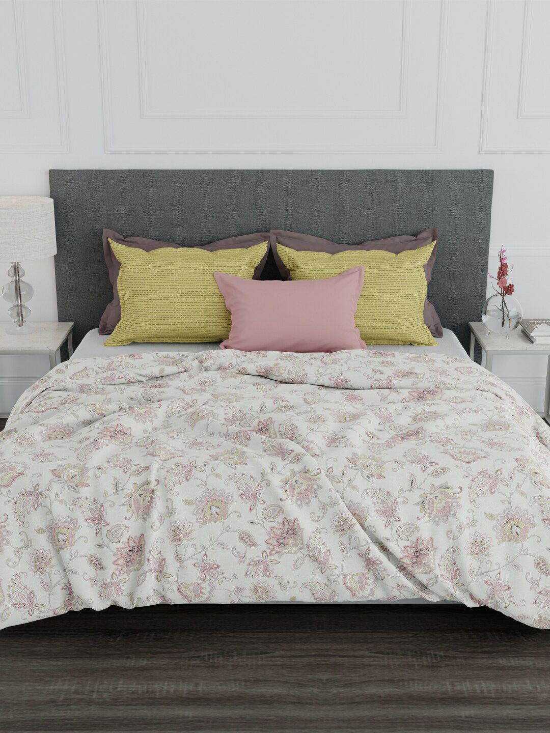 Trident Beige & Pink Floral 100% Cotton 144 TC King Bedsheet with 2 Pillow Covers Price in India