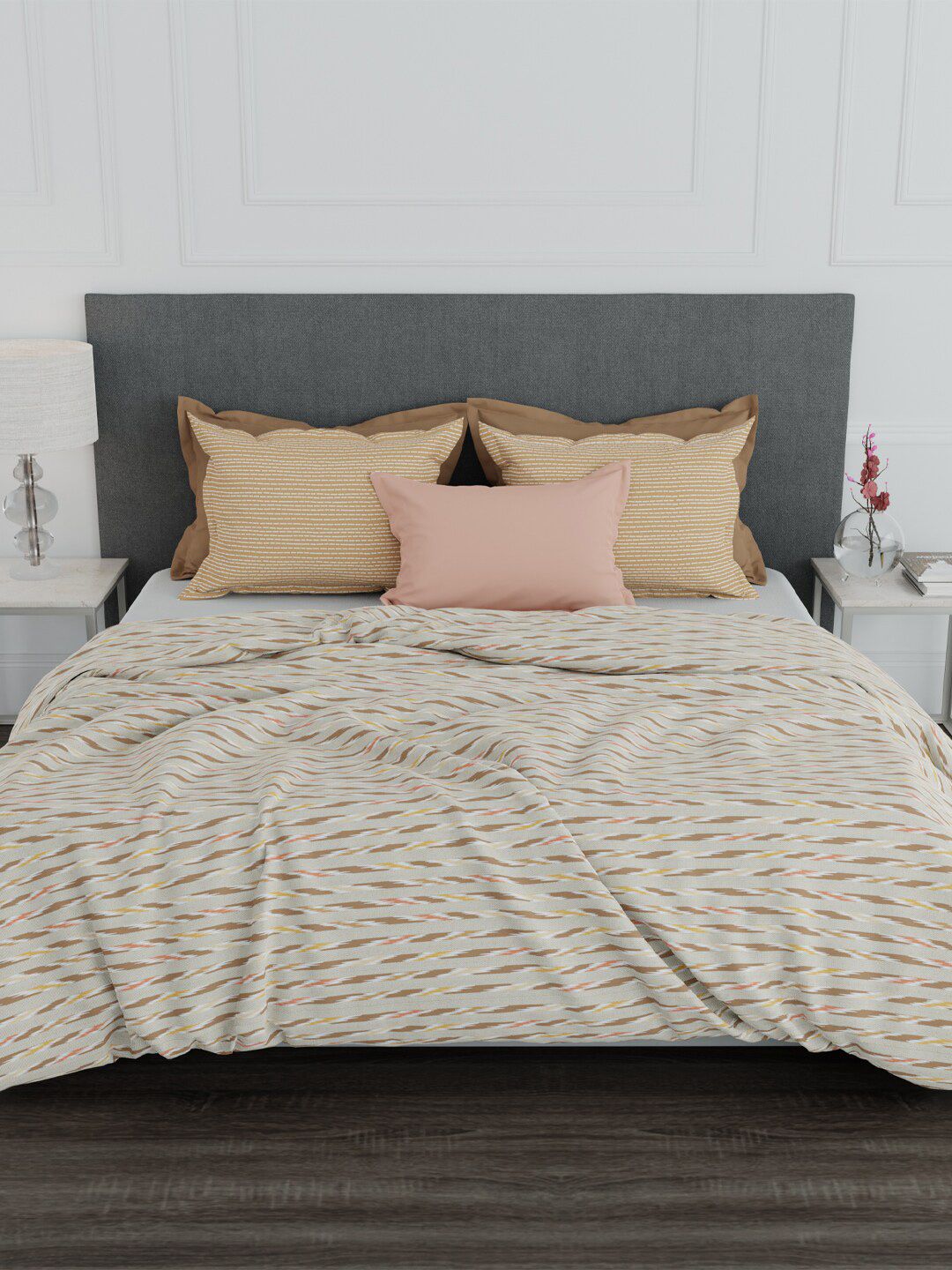 Trident Beige Geometric 100% Cotton 144 TC King Bedsheet with 2 Pillow Covers Price in India