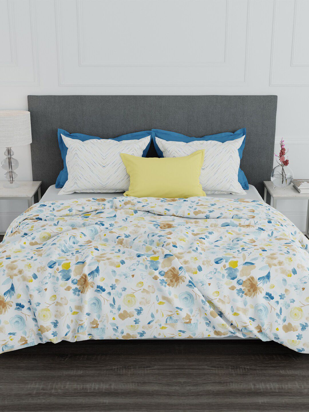 Trident Yellow & Blue Floral 100% Cotton 144 TC King Bedsheet with 2 Pillow Covers Price in India