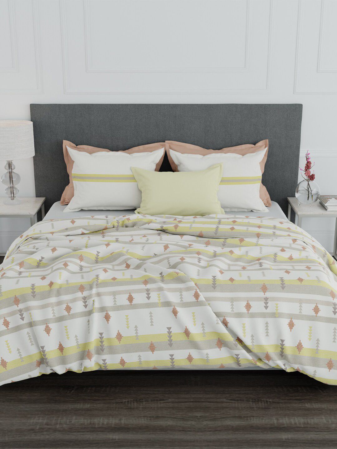 Trident Yellow & Off White Striped 100% Cotton 144 TC King Bedsheet with 2 Pillow Covers Price in India