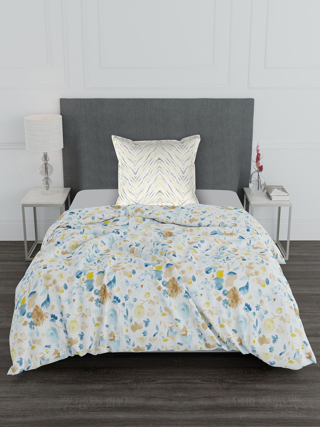 Trident Yellow & Blue Floral 100% Cotton 144 TC Single Bedsheet with 1 Pillow Cover Price in India