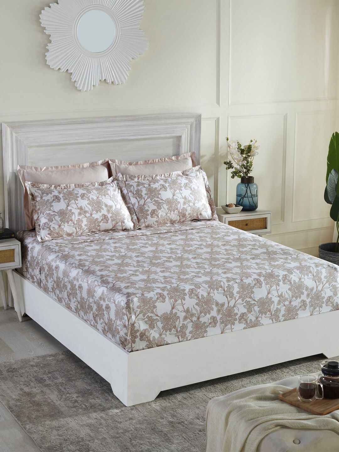 Trident Beige & White Floral 100% Cotton 400 TC King Bedsheet with 4 Pillow Covers Price in India