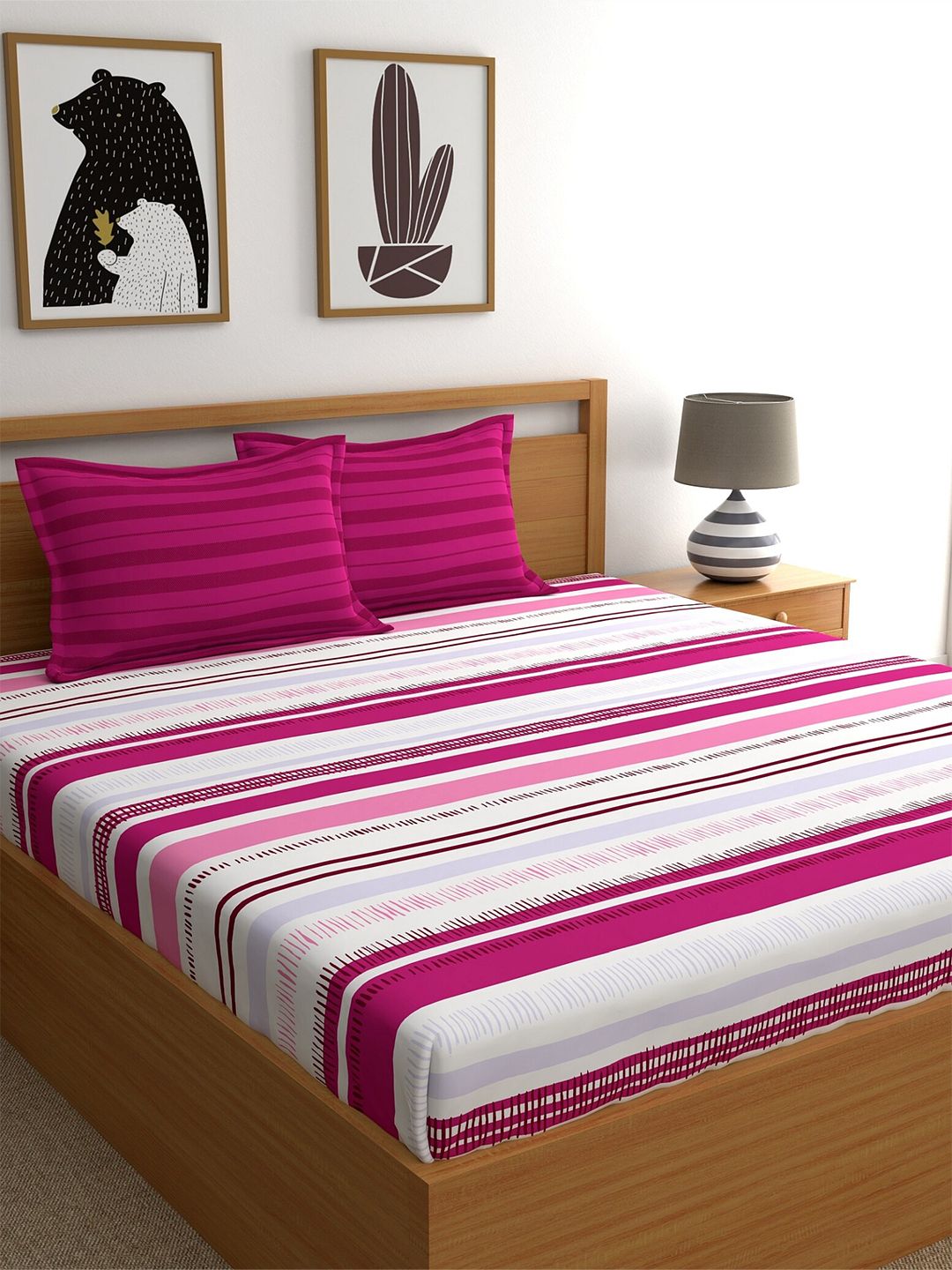 Home Ecstasy Pink & White 100% Cotton Fitted 140 TC King Bedsheet with 2 Pillow Covers Price in India