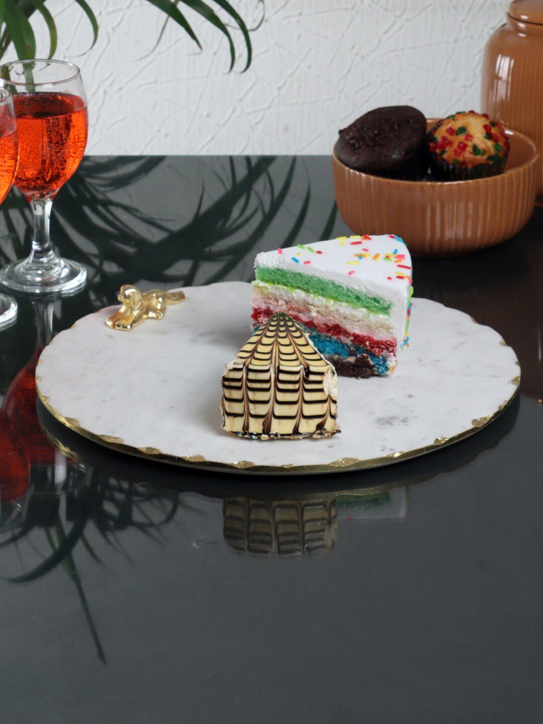 NikkisPride White & Gold-Toned Textured Marble Platter With Metal Piece Attachment Price in India