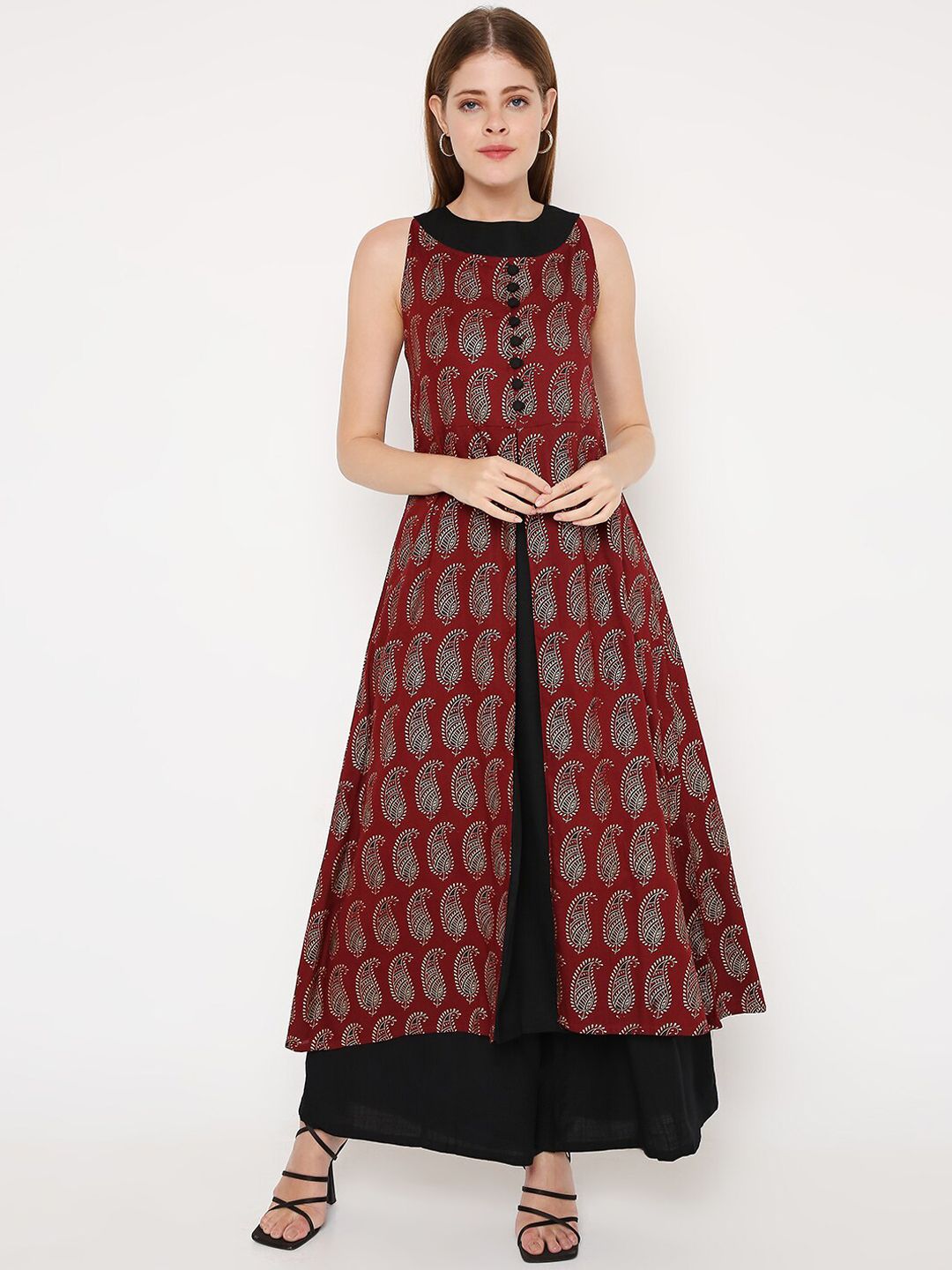 Peppertree Women Maroon & Black Printed A-Line Maxi Dress Price in India