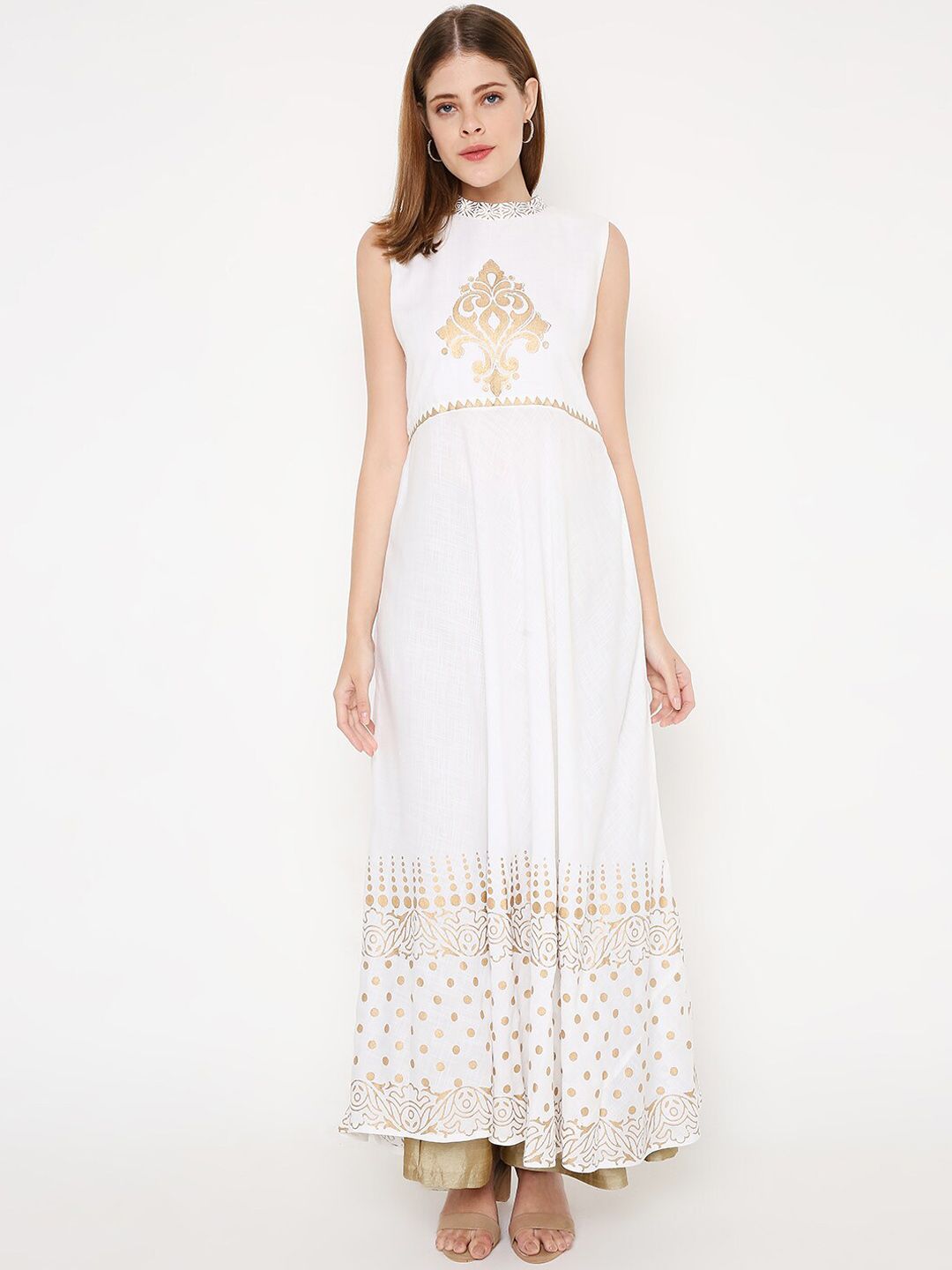 Peppertree Women White Block Printed A-line Ethnic Dresses Price in India