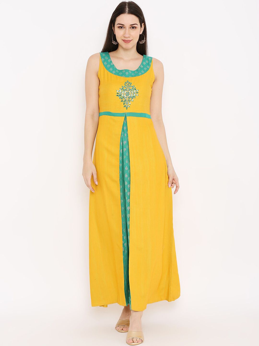 Peppertree Women Yellow Embellished  A-line Ethnic Dresses Price in India