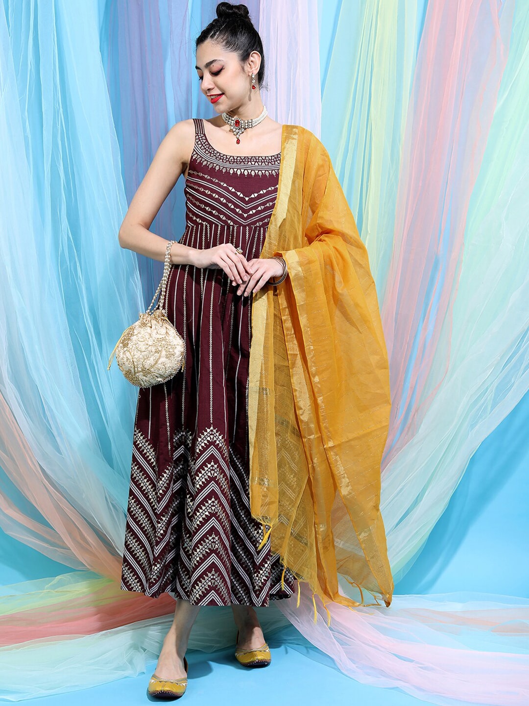 Maroon Embellished Ethnic Maxi Dress with Jacket Price in India