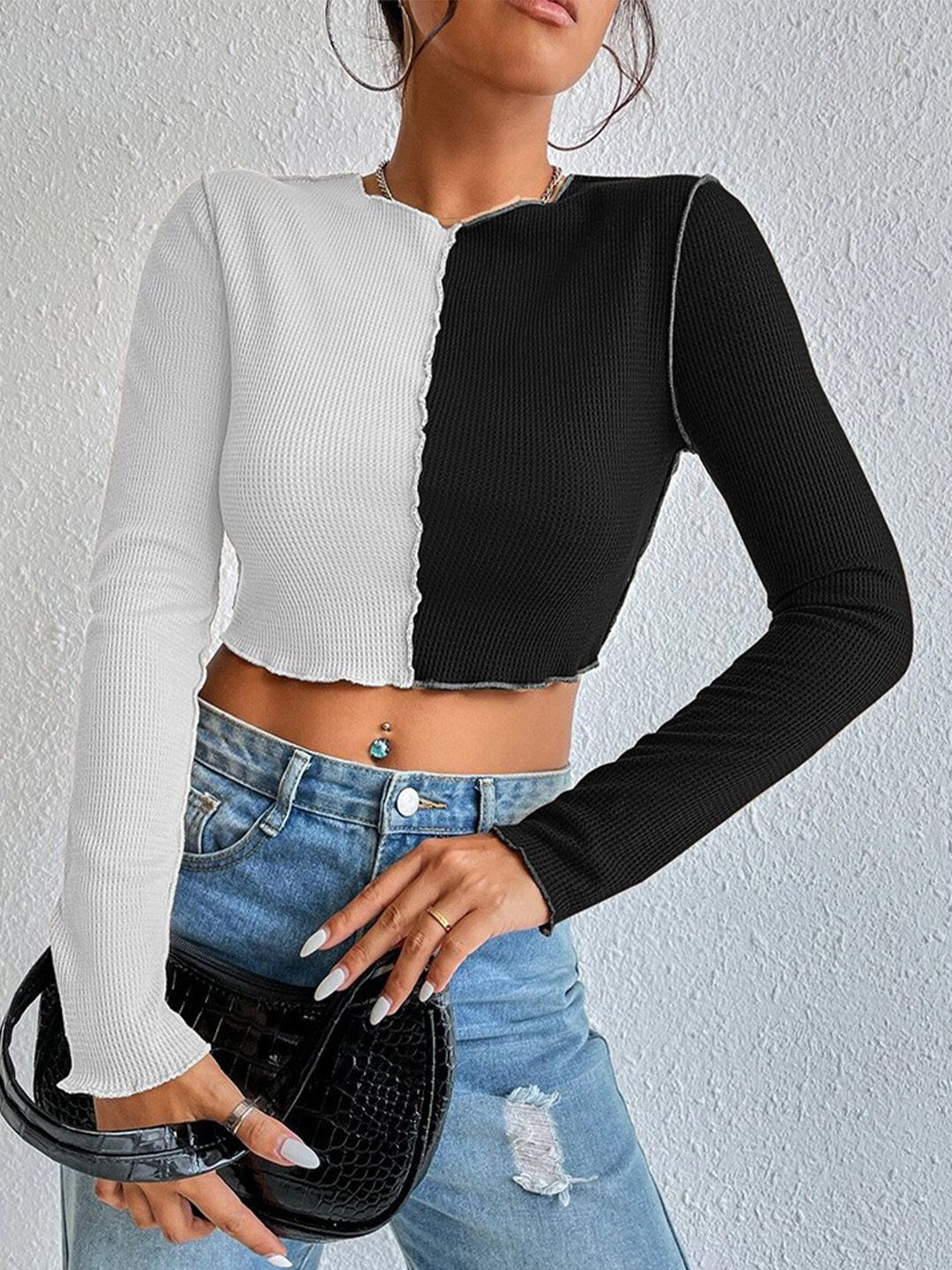 StyleCast Women Black and White Colourblocked Crop Top Price in India