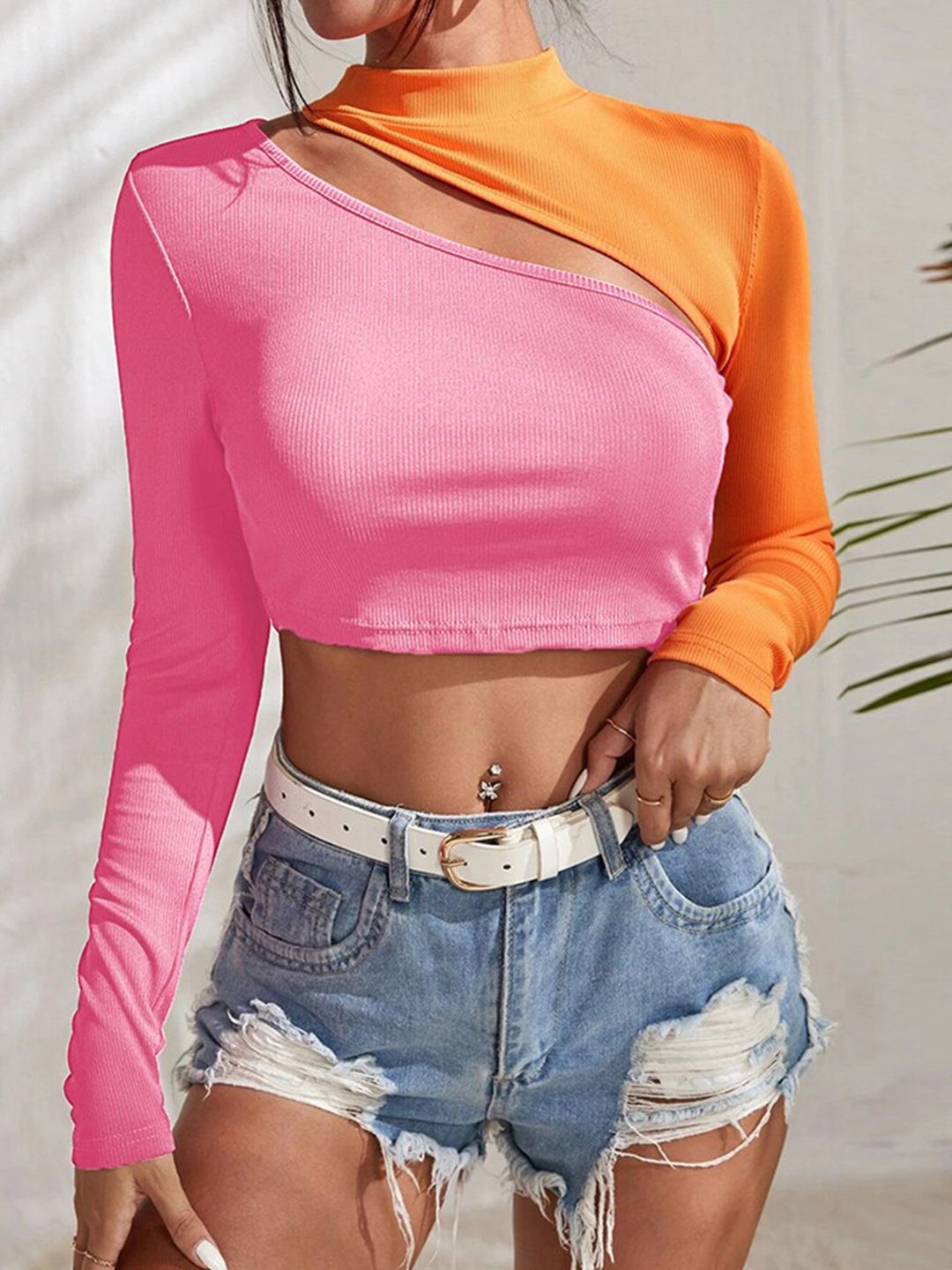 BoStreet Women Orange and Pink Solid Fitted Crop Top Price in India