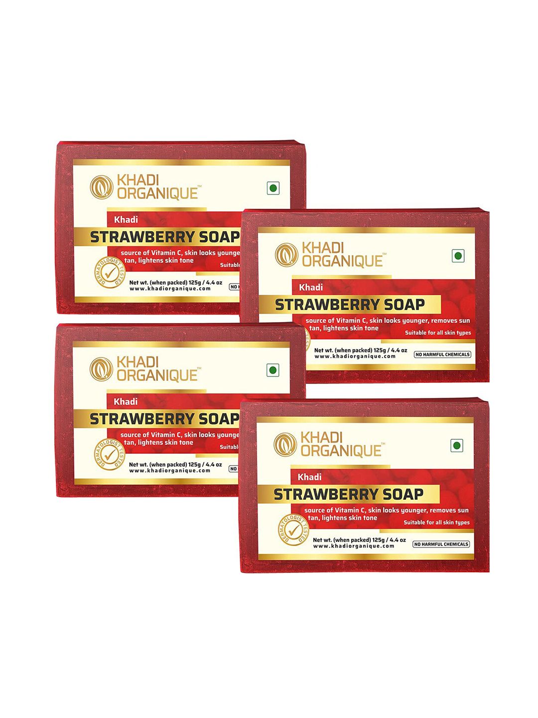 Khadi Organique Set of 4 Strawberry Handmade Soap with Essential Oils 125 g (Each)