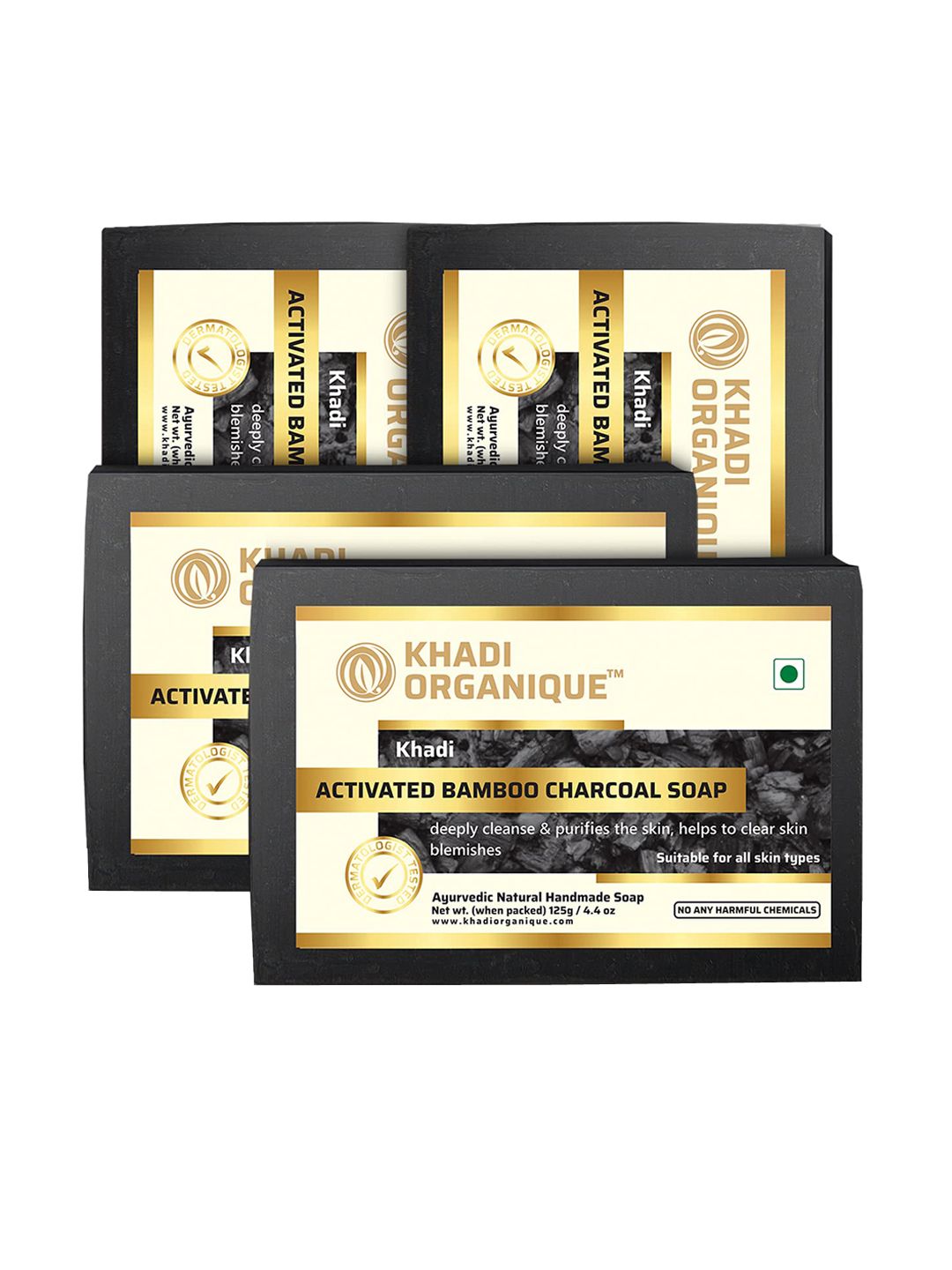 Khadi Organique Set Of 4 Activated Bamboo Charcoal Soap for All Skin Types - 125g Each