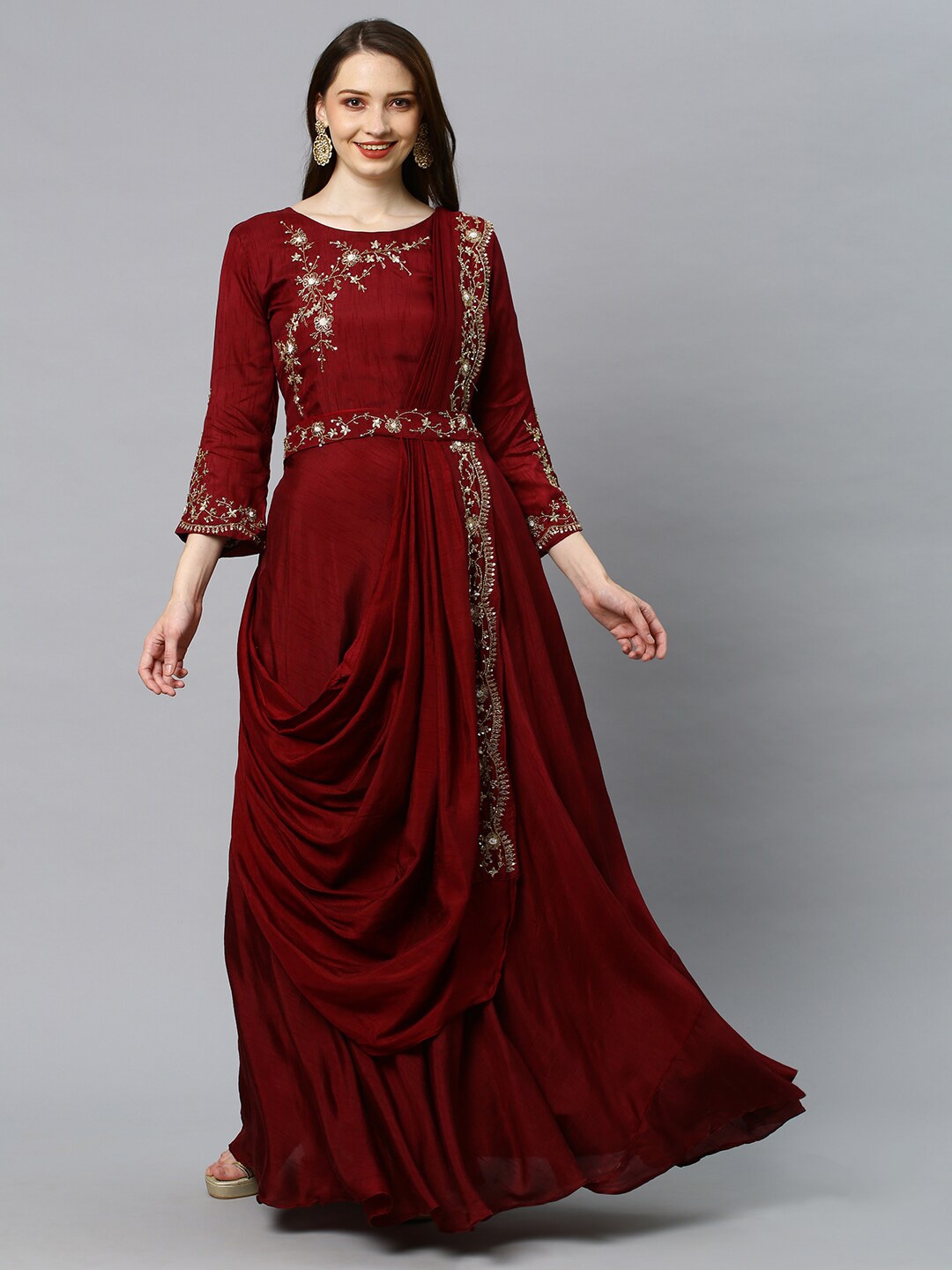 FASHOR Women Burgundy Floral  Embroidered Silk Maxi Dress Price in India