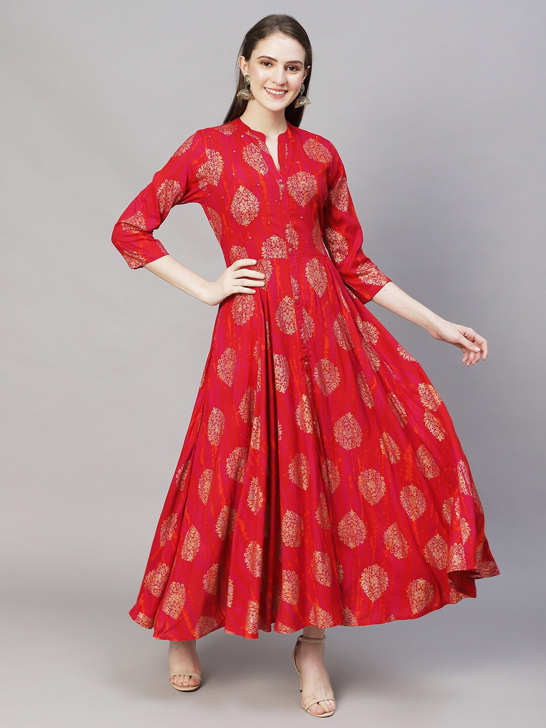 FASHOR Women Red Ethnic Motifs Ethnic Viscose Rayon A-Line Maxi Dress Price in India