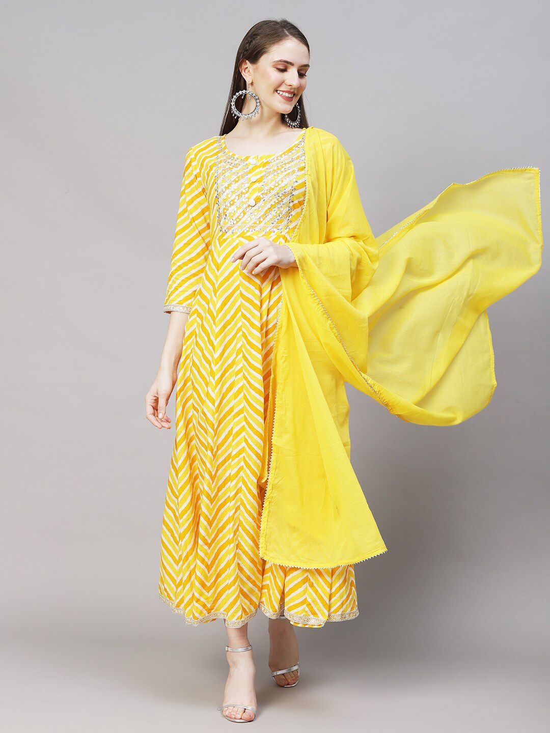 FASHOR Women Yellow Ethnic Printed Cotton  A-Line Maxi Dress With Dupatta Price in India