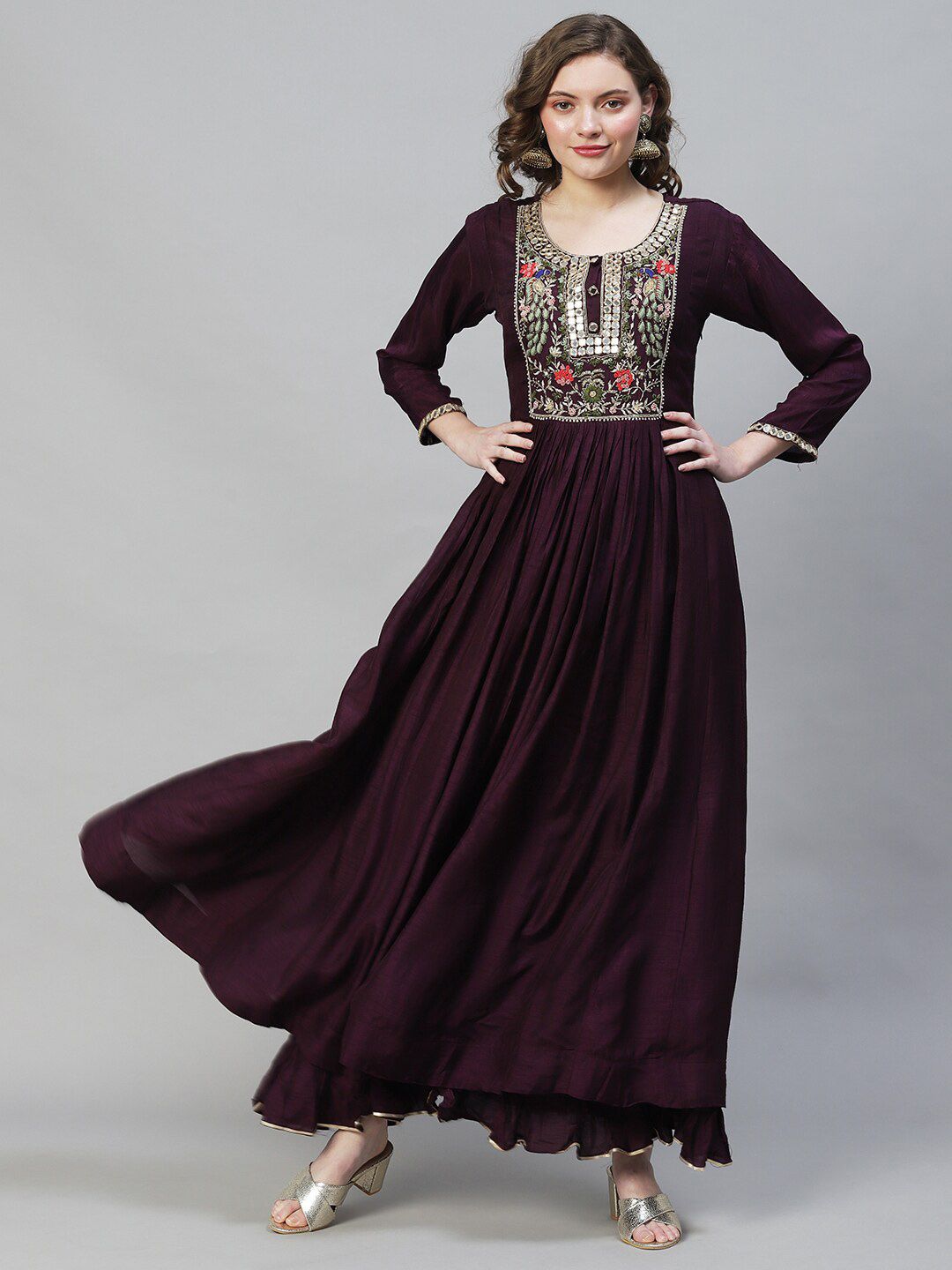 FASHOR Women Purple Floral Ethnic Silk Flared Maxi Dress Price in India