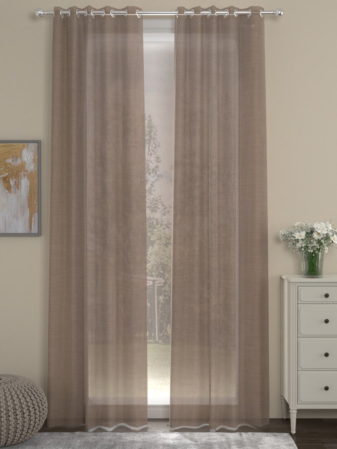 ROSARA HOME Pack of 2 Taupe Solid Polyester Sheer Door Curtain Price in India
