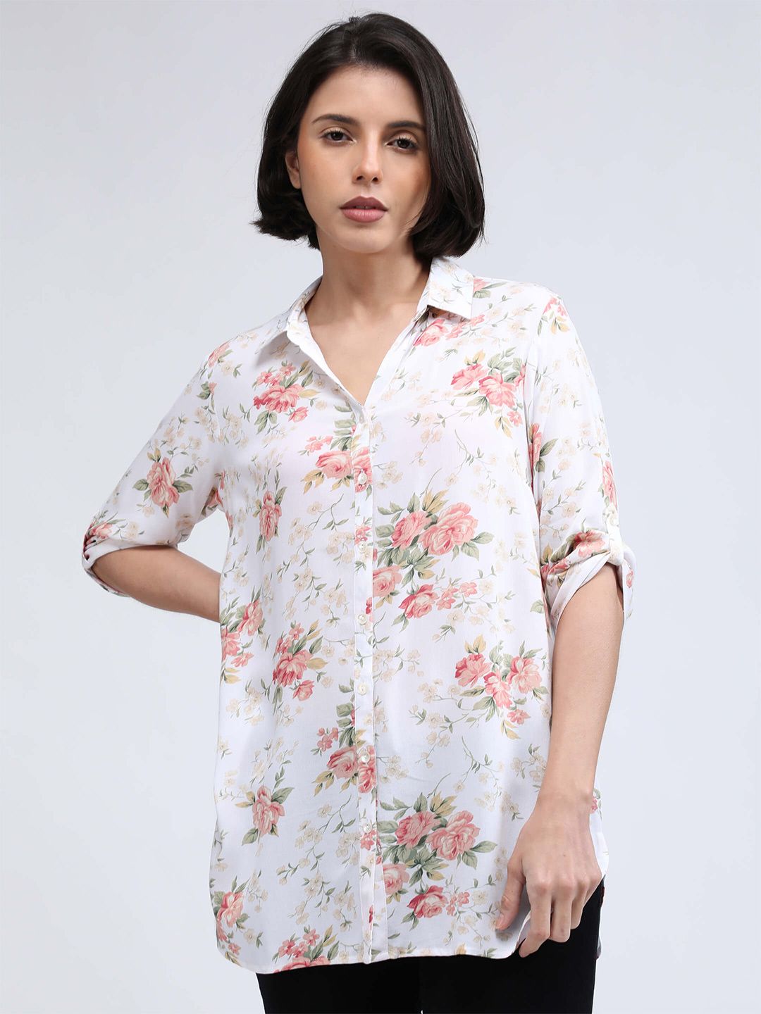 IDK Women White Floral Prined Shirt Style Top Price in India