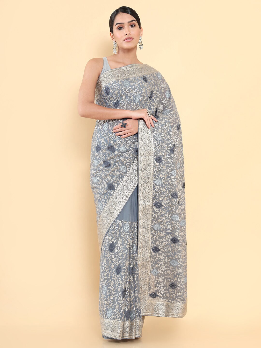 Soch Grey Ethnic Motifs Poly Georgette Embroidered Saree Price in India