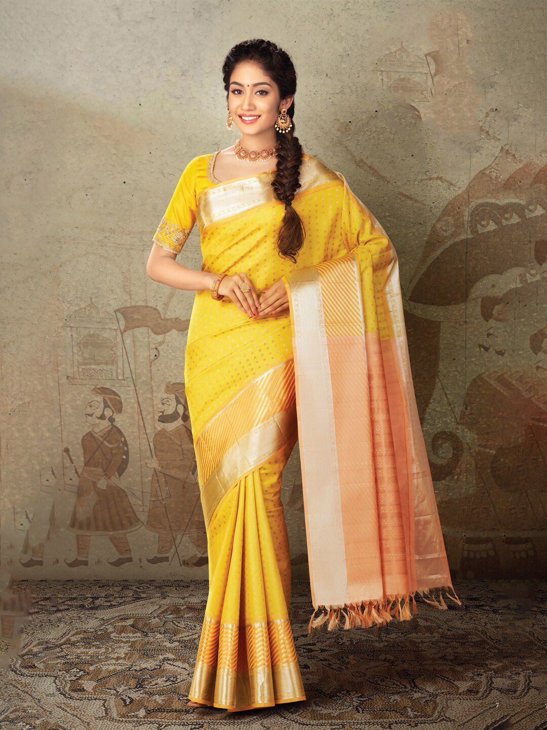 SAMUDRIKA PATTU Yellow & Peach-Coloured Woven Design Zari Pure Silk Kanjeevaram Saree Price in India