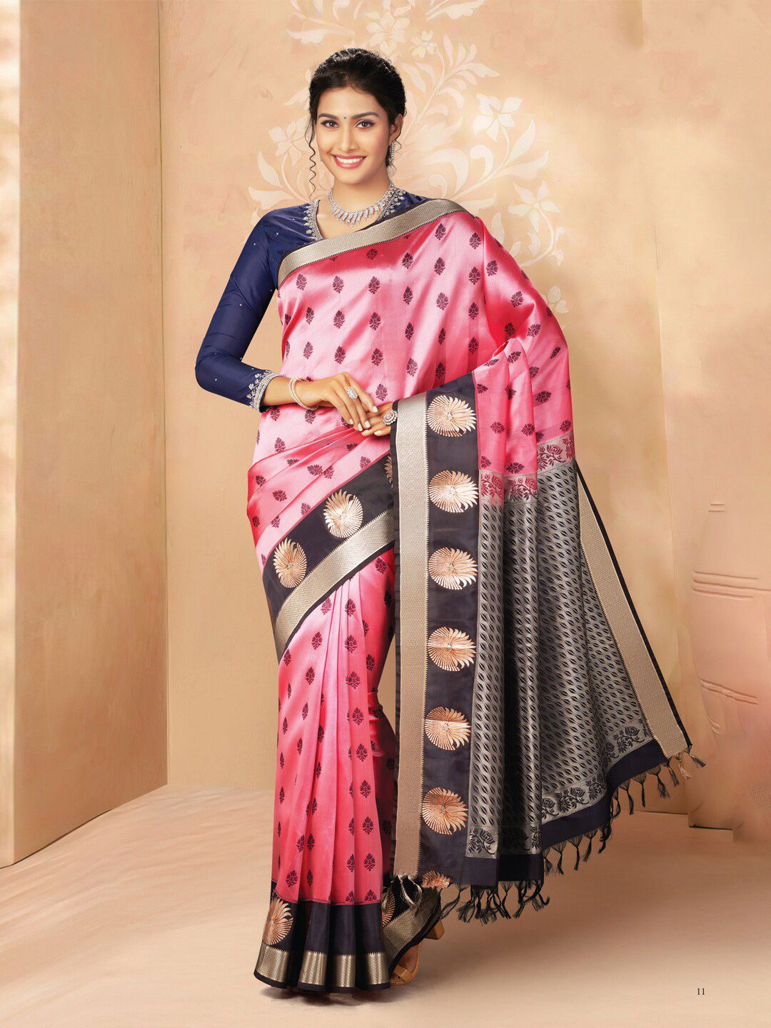 SAMUDRIKA PATTU Pink & Grey Ethnic Motifs Zari Pure Silk Kanjeevaram Saree Price in India