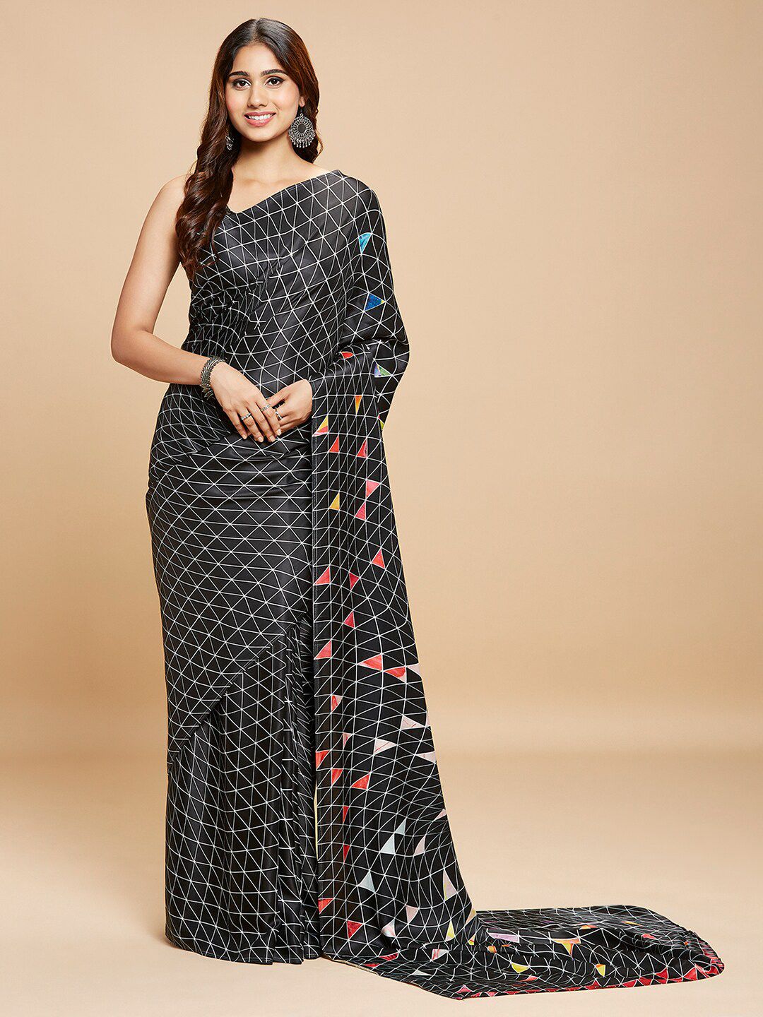 navyasa Black & White Satin Saree Price in India