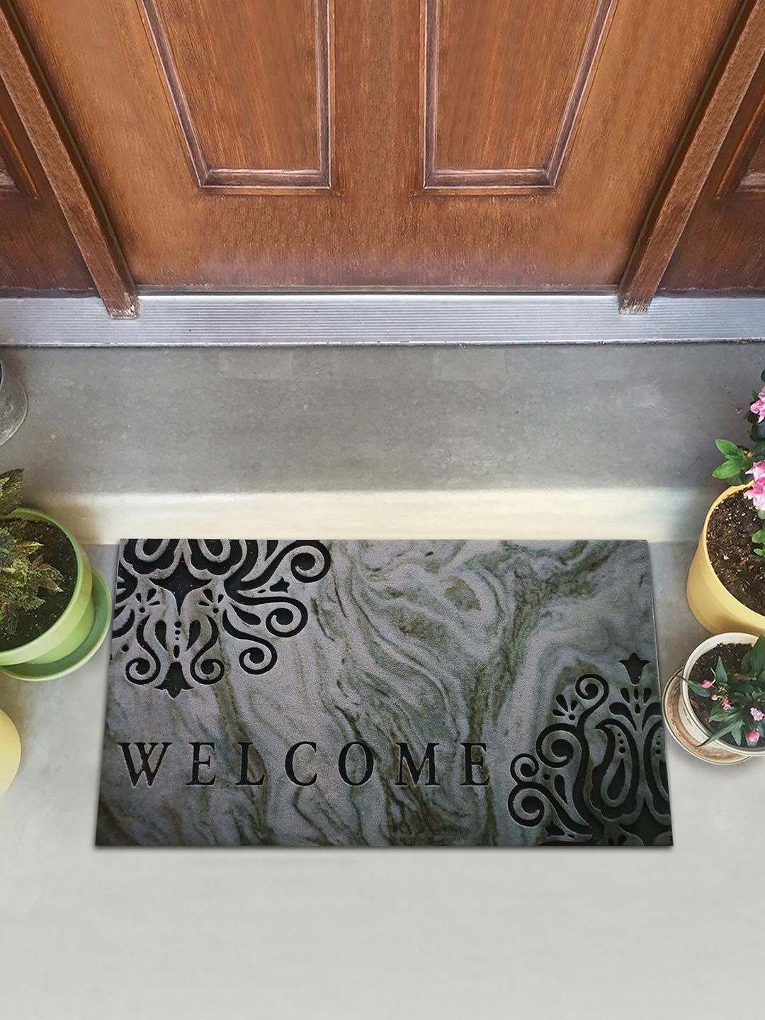 OBSESSIONS Grey & Black Printed Anti-Skid Doormats Price in India