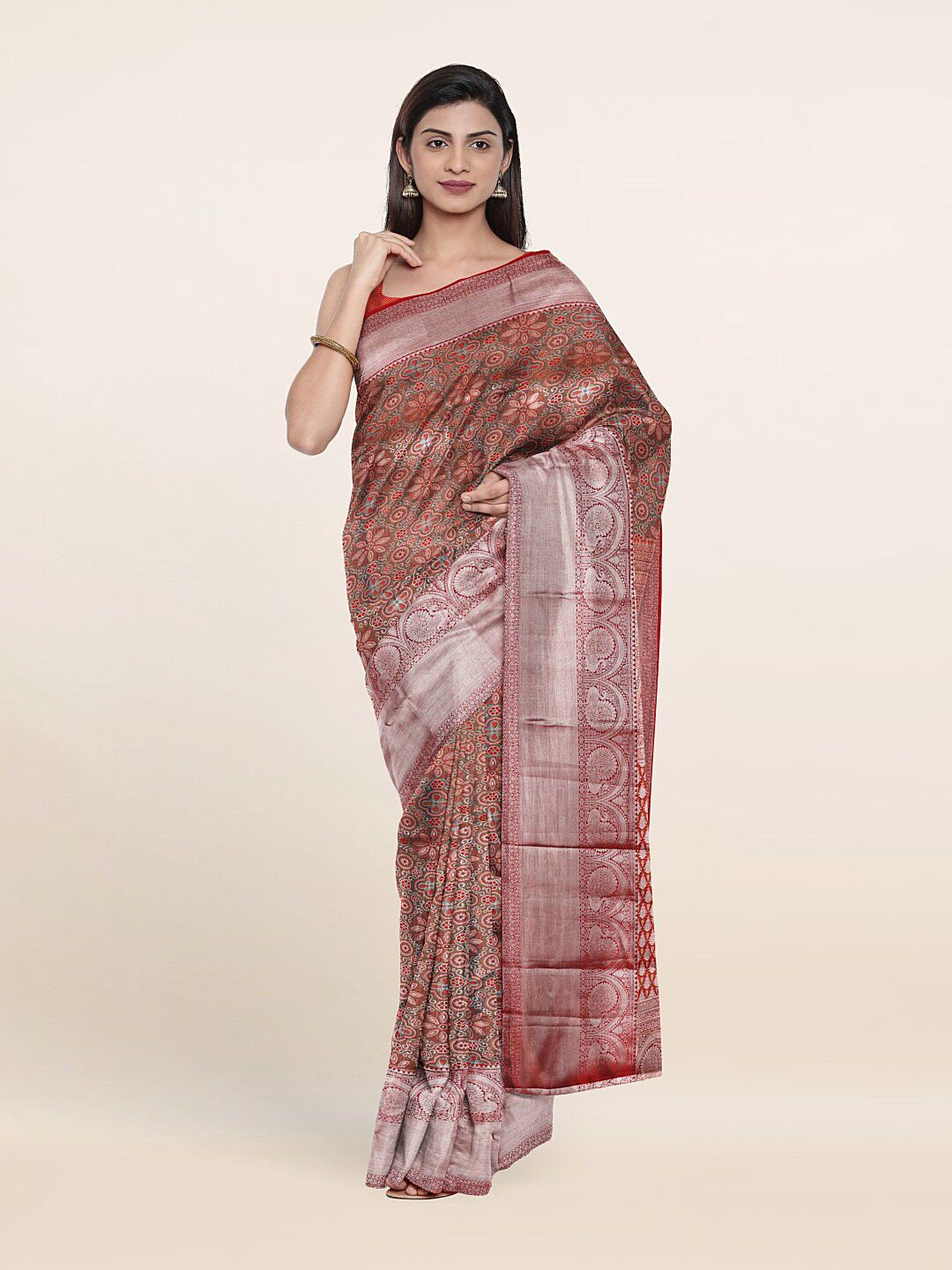 Pothys Brown & Silver-Toned Floral Zari Pure Silk Saree Price in India
