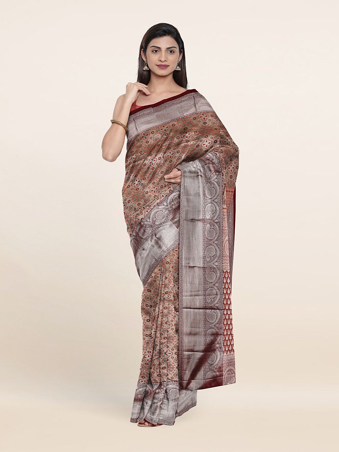 Pothys Maroon & Silver-Toned Ethnic Motifs Zari Pure Silk Saree Price in India