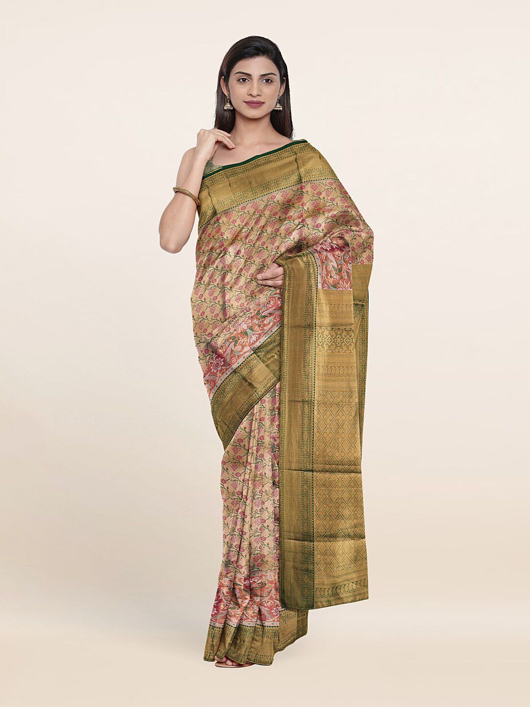 Pothys Peach-Coloured & Green Floral Zari Pure Silk Saree Price in India