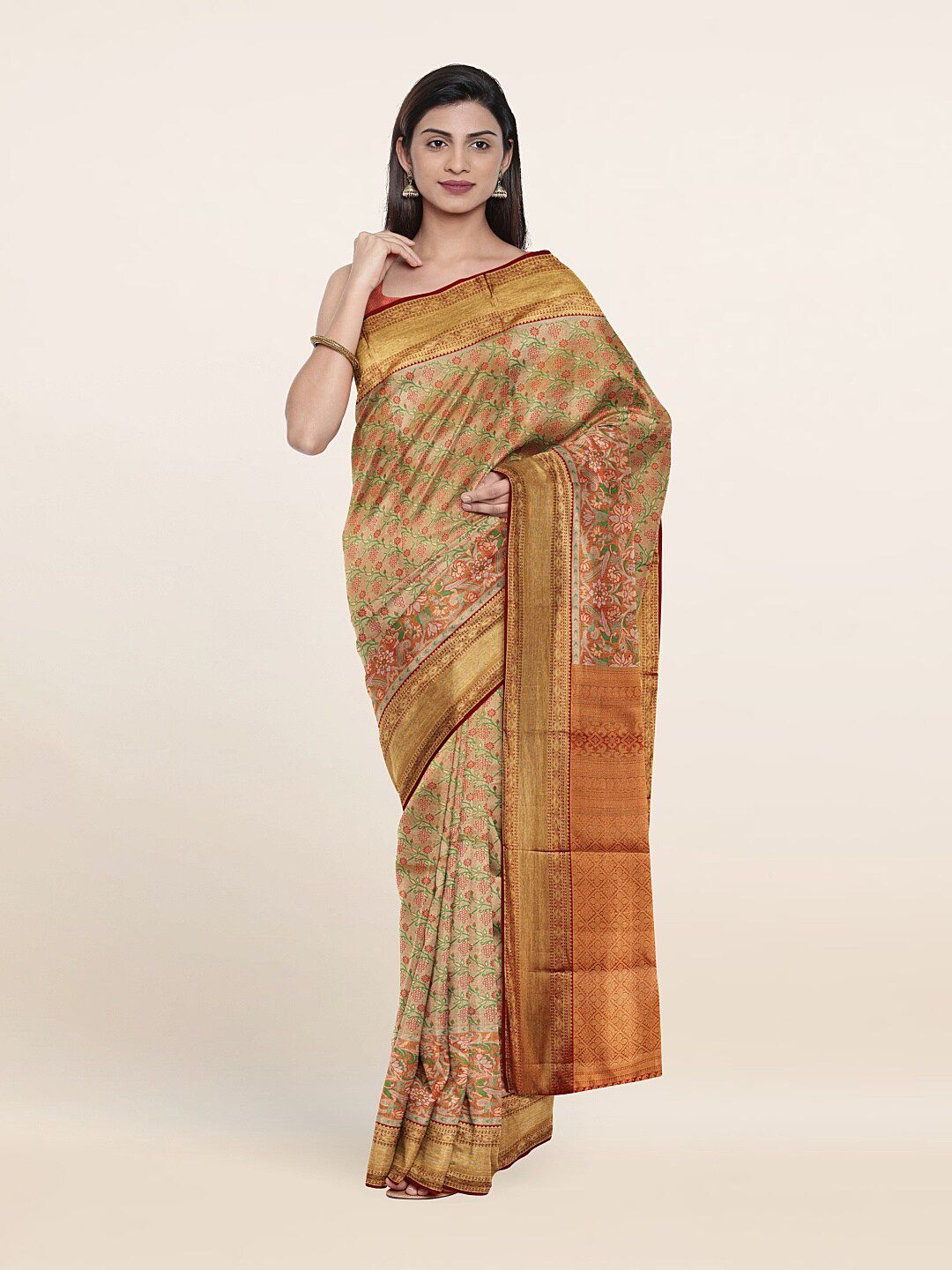 Pothys Orange & Green Floral Zari Pure Silk Saree Price in India