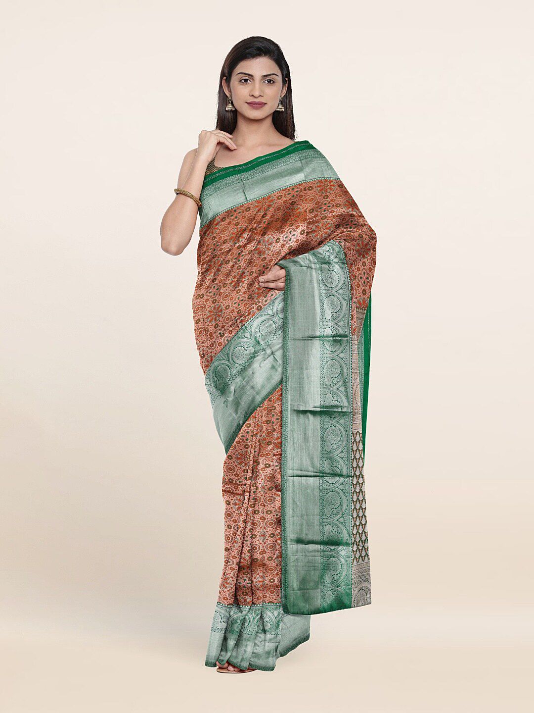 Pothys Pink & Green Ethnic Motifs Zari Pure Silk Saree Price in India