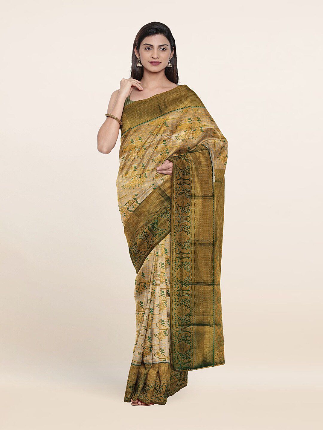 Pothys Cream-Coloured & Green Floral Zari Pure Silk Saree Price in India